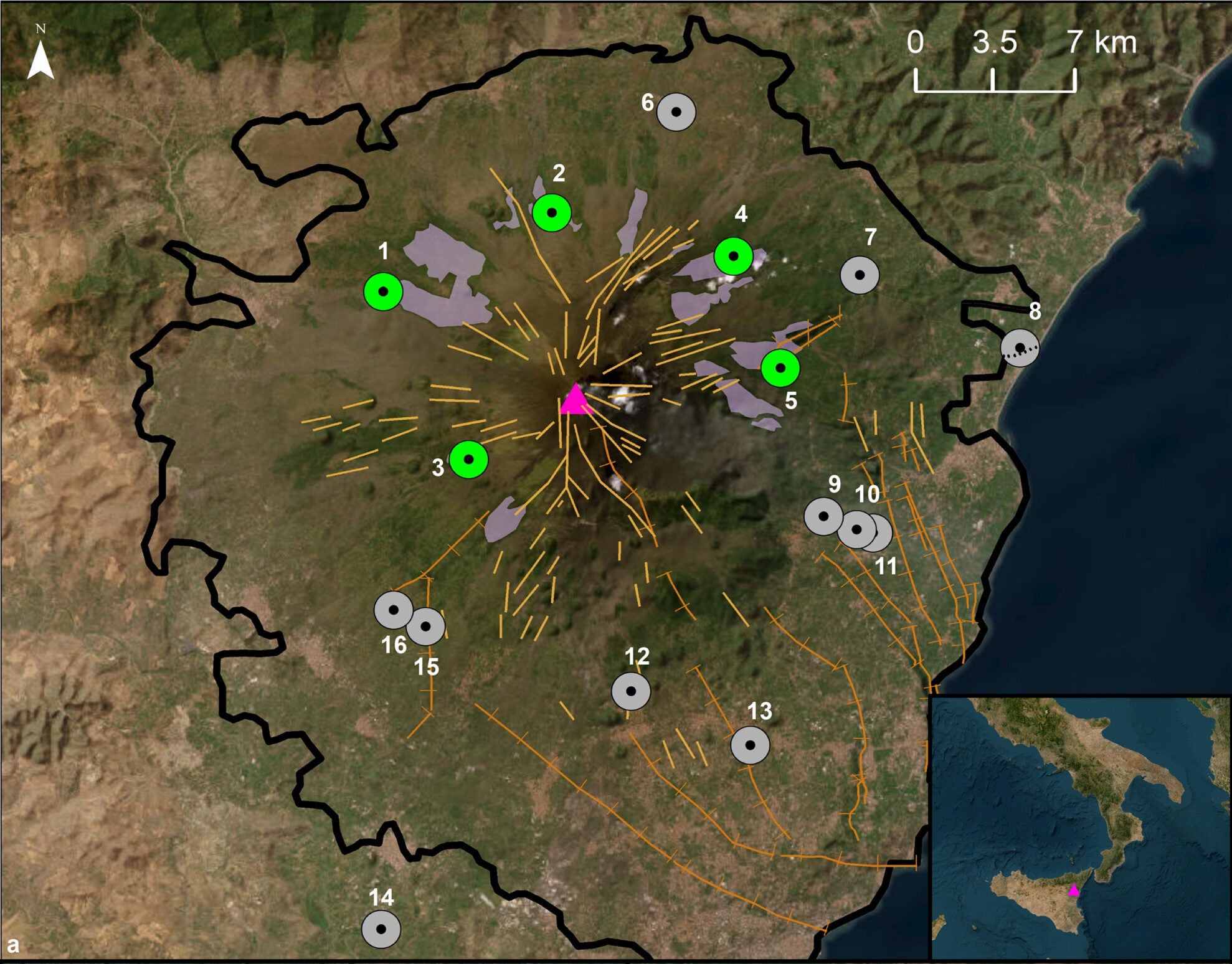 A map of Mt. Etna with the EtnaGas stations as colored points (imagery: 46 cm resolution Maxar satellite photograph taken on 08-29-2022). Green colored stations are surrounded by homogenous forests and not near human influences, the other EtnaGas stations are shown in gray.
