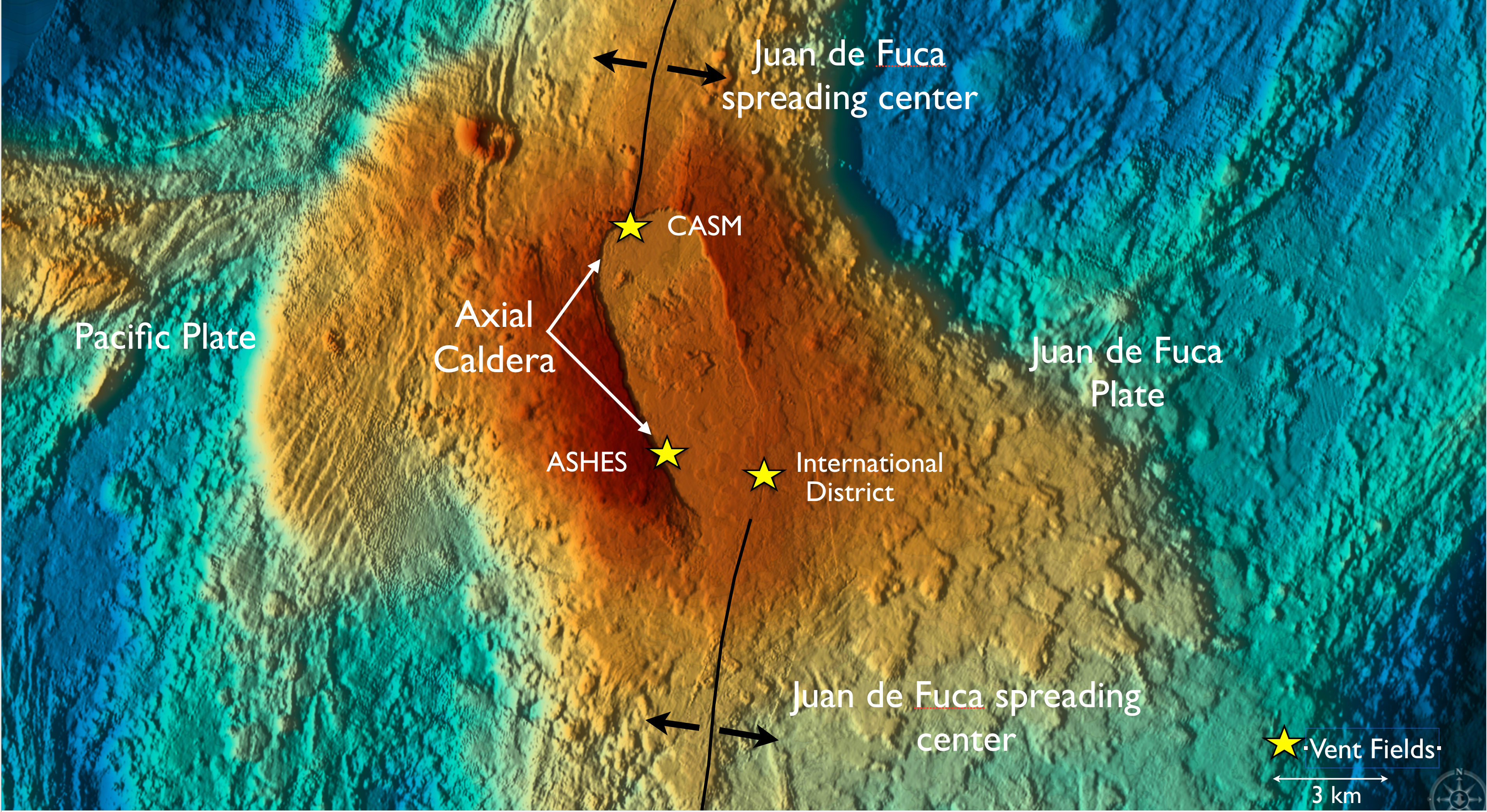 Axial Seamount features a large caldera on the seafloor, formed by the collapse of its magma chamber. 