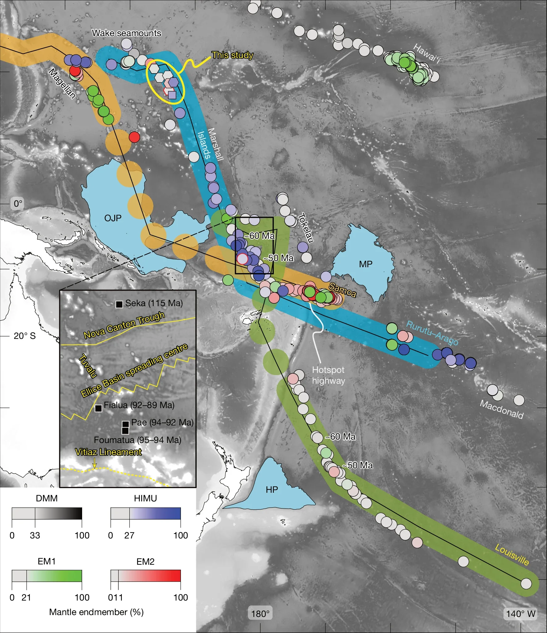 Map of Pacific hotspot tracks and geochemical lava flow compositions.