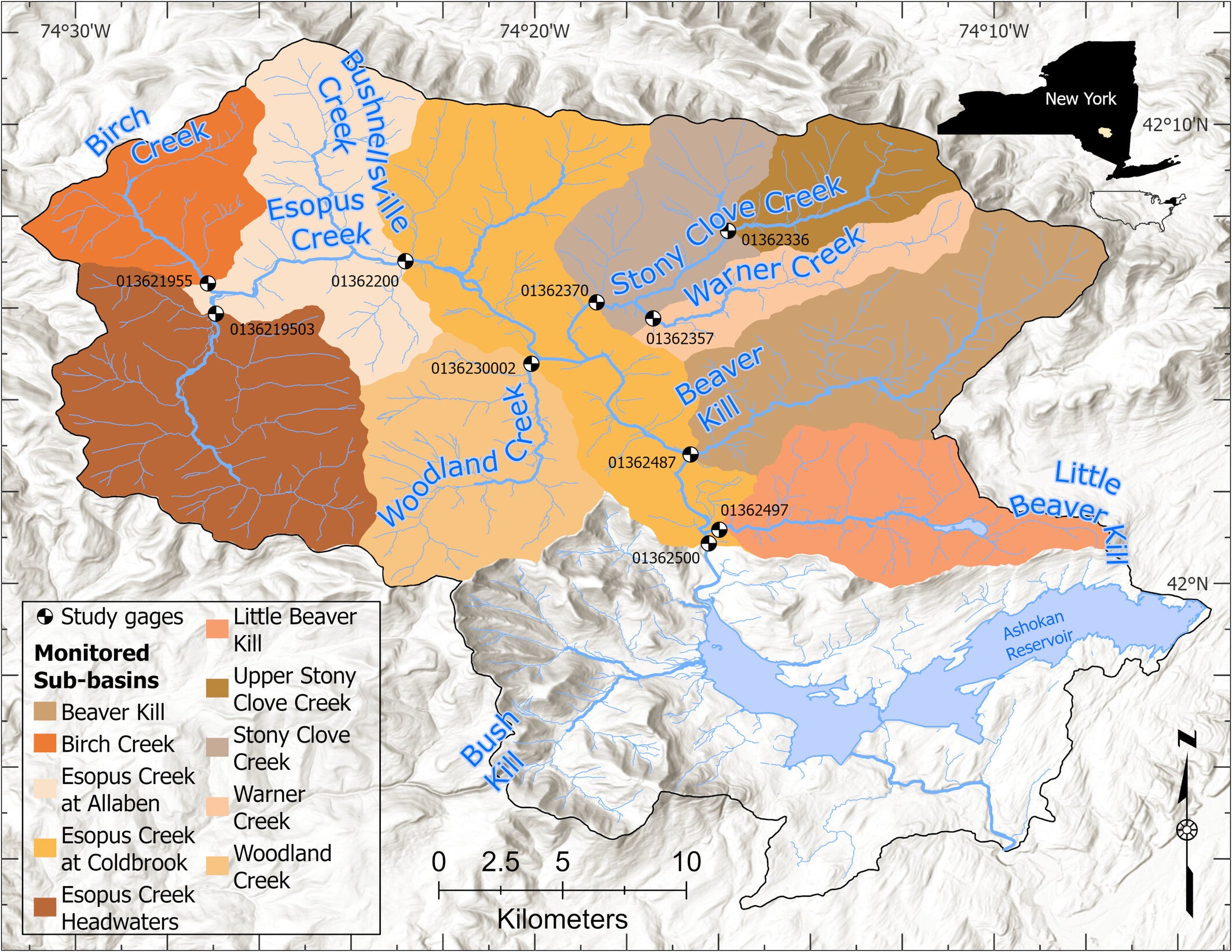 The Upper Esopus Creek watershed with sub-basins denoted by color.