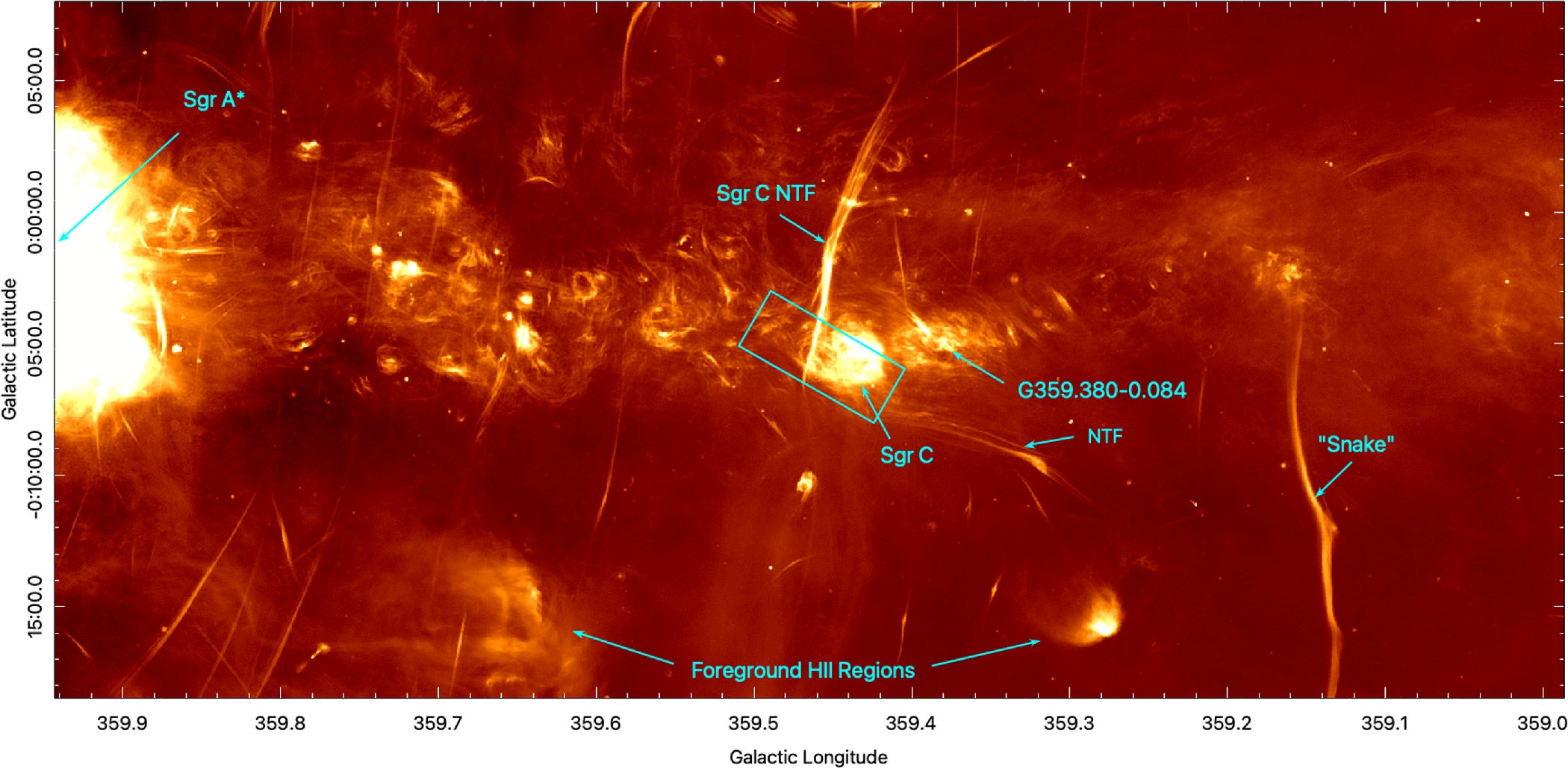 The JWST field (cyan rectangle) shown on a MeerKAT radio continuum image.
