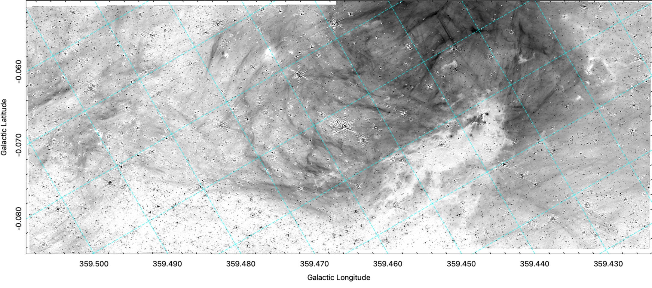 The JWST image, showing the entire field, optimized to show the fainter filaments away from the H ii region core.