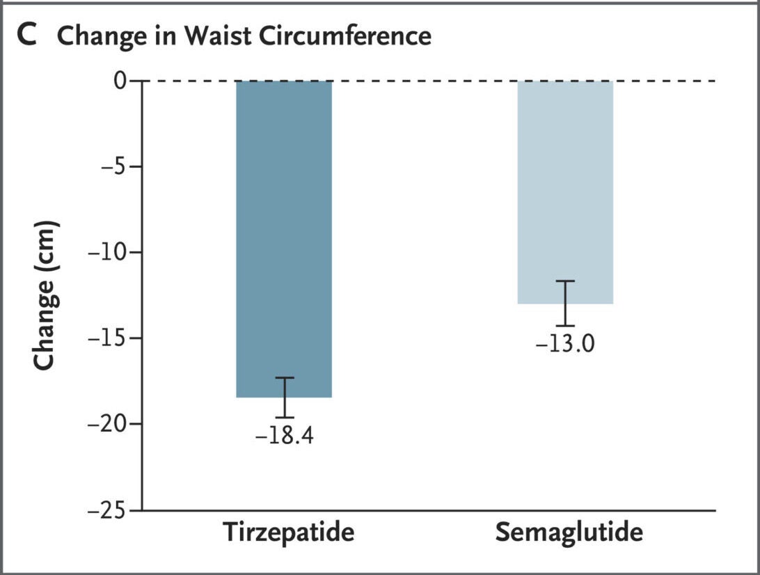 Panel C shows the least-squares mean change from baseline to week 72 in waist circumference (in centimeters), which was derived with the use of an analysis-of-covariance model for the modified treatment-regimen estimand. 𝙸 bars indicate 95% confidence intervals.