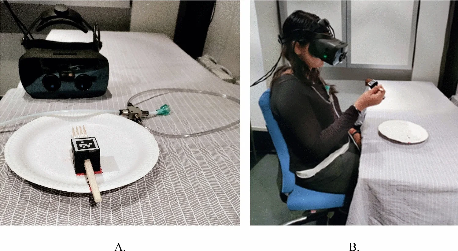 The multisensory augmentation system composed of an XR headset, a prototype olfactory necklace display, and a fork with a QR code marker providing haptic feedback.