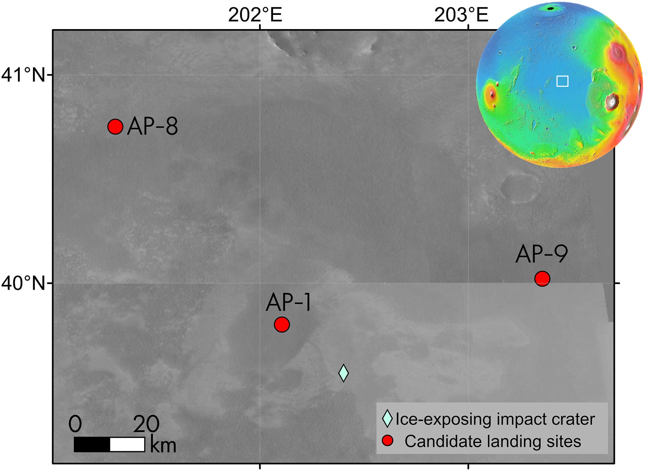 Location of candidate landing sites AP-1, AP-8, and AP-9 (red circles) and ice-exposed impact crater (light blue diamond).