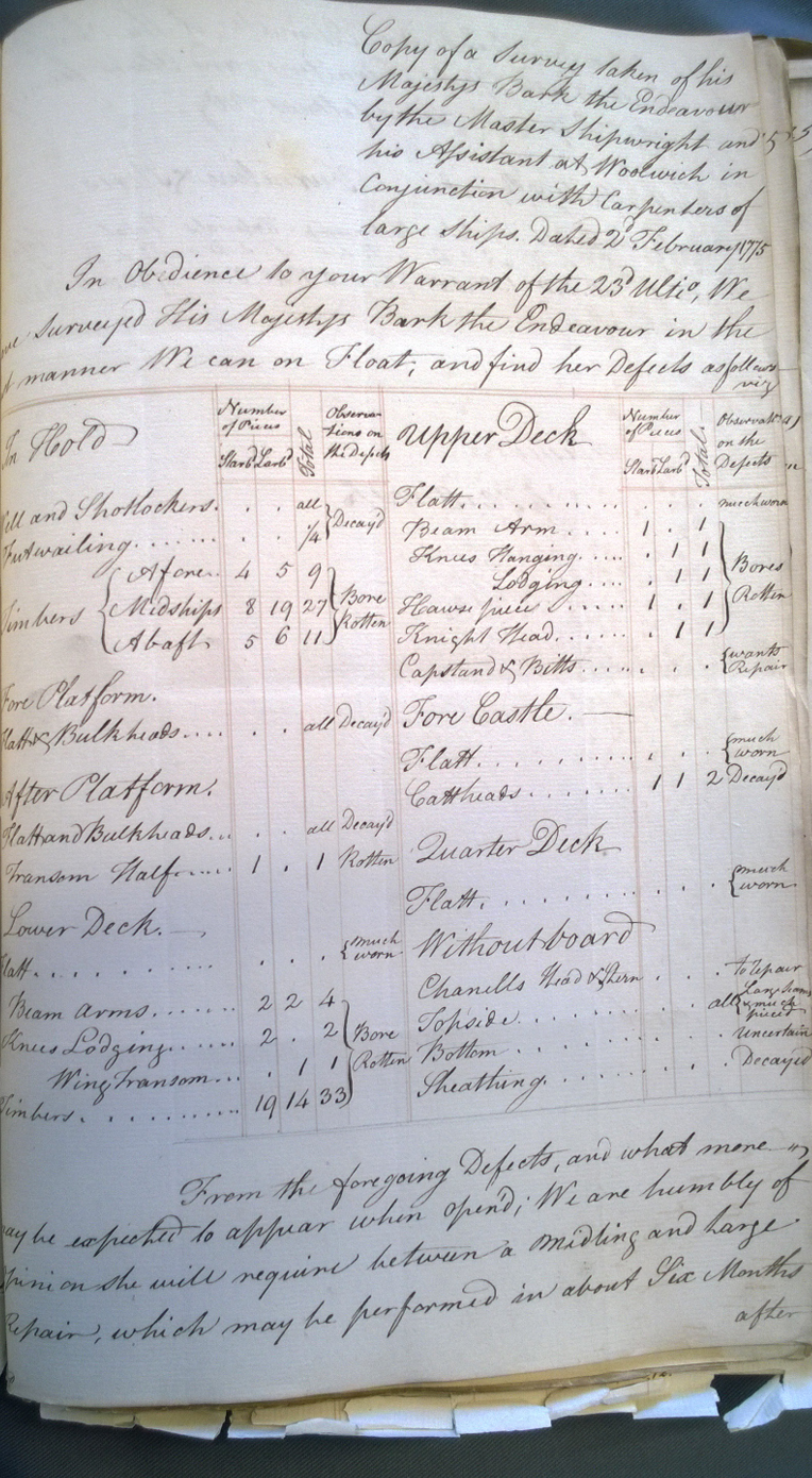 Report to the Admiralty noting significant repairs required in 1775 to keep Endeavour operational and seaworthy (ADM 354/189/330 Navy Board: Bound Out-Letters: Woolwich; National Archives, Kew).