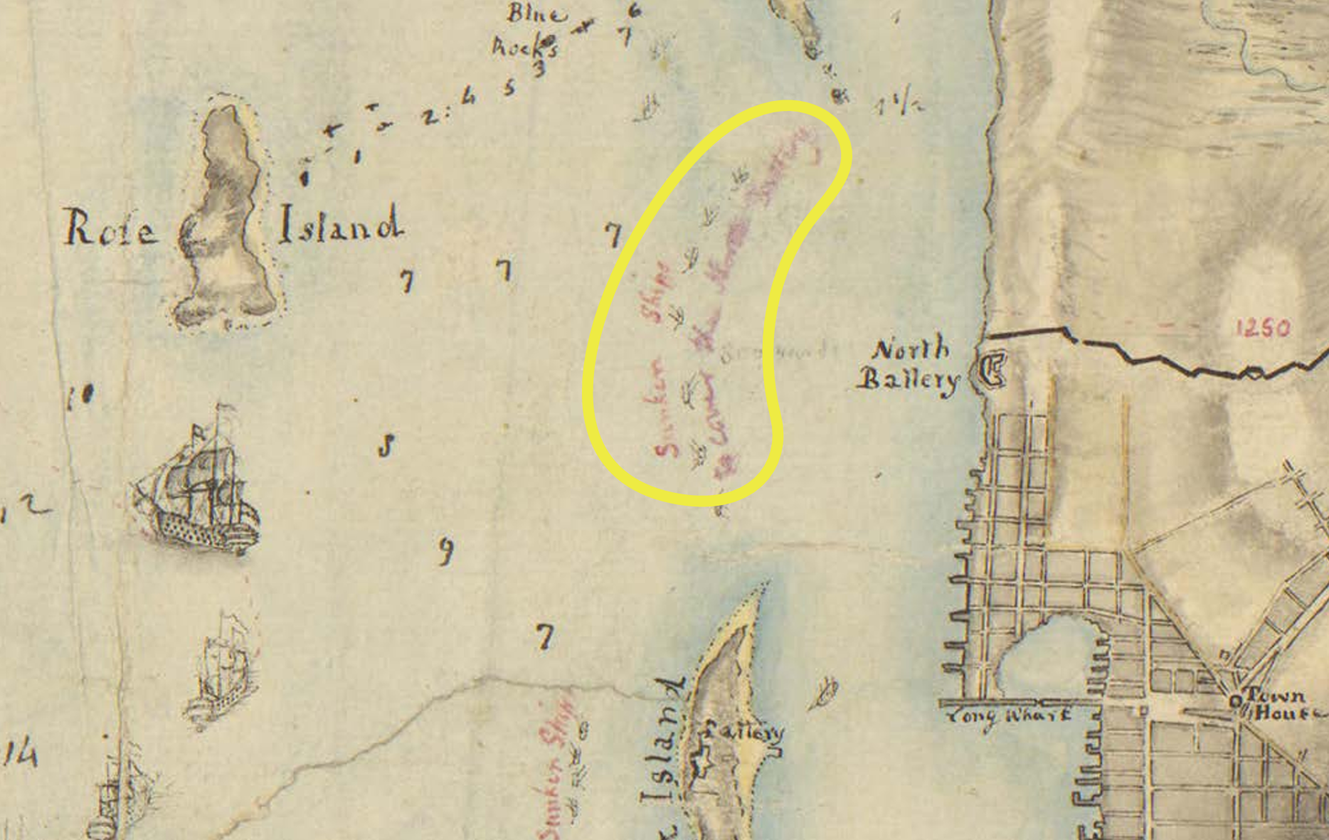 Edward Fage, [Newport and its environs, ca. 1778], William L. Clements Library, University of Michigan, 8380. Note ‘Sunken Ships’ indicated due west of North Battery (circled).