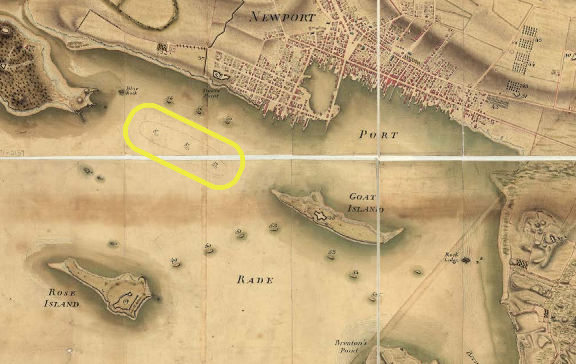 Plan de la position de l’armée françoise autour de Newport et du mouillage de l’escadre dans la rade de cette ville. Rochambeau Map Collection, 1780, Library of Congress, G3774.N4S3 1780 .P53. Note the three circled items numbered ‘57’, which the key on the map indicates are ‘Carcasses de Batisseux’ – the remains of the ships sunk by the British in 1778.