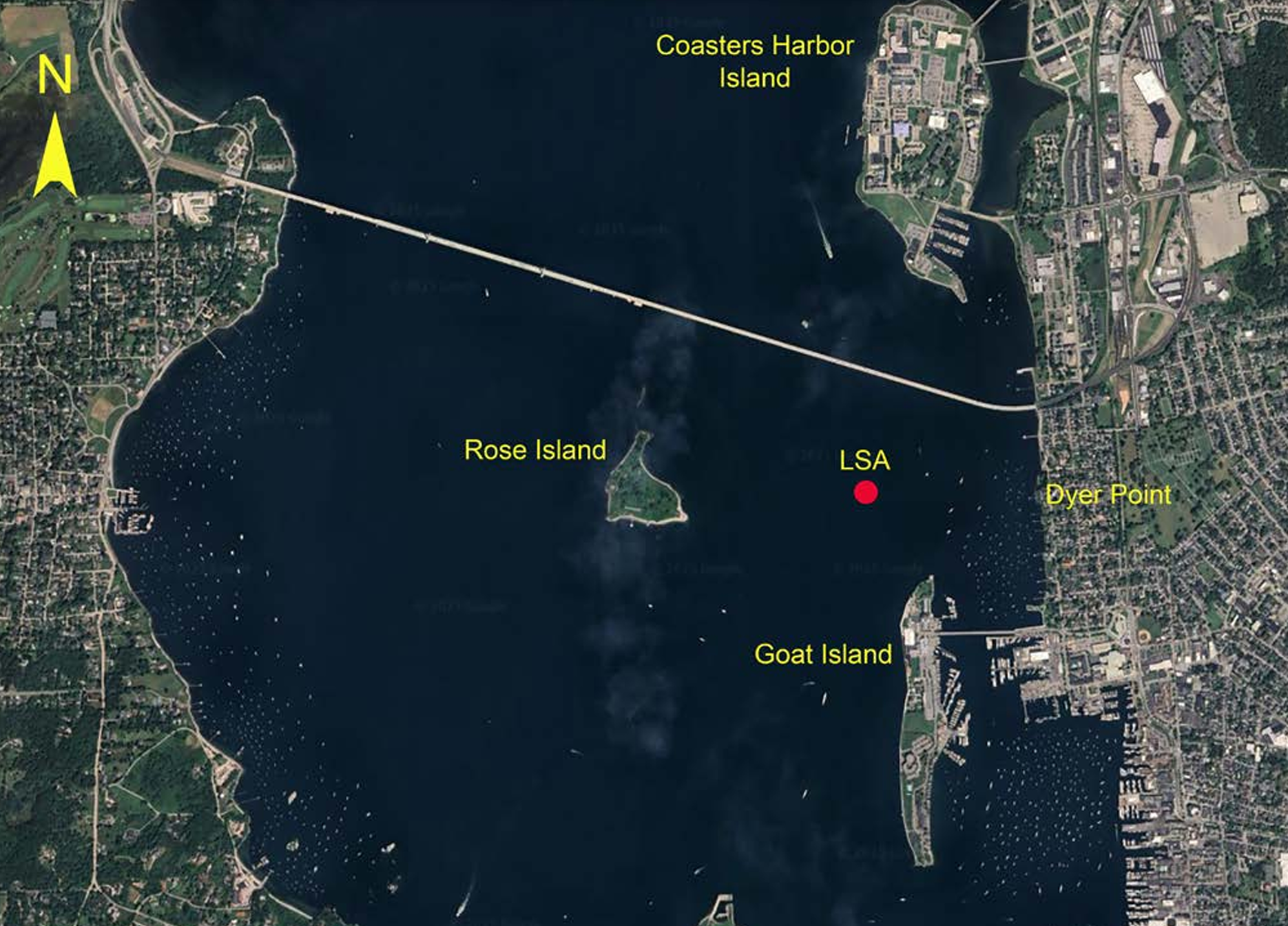  The area of Newport Harbor in which British vessels, including Lord Sandwich, were scuttled in August 1778. ‘LSA’ indicates the approximate centre of the Limited Study Area in which the wreck of Lord Sandwich is located. 