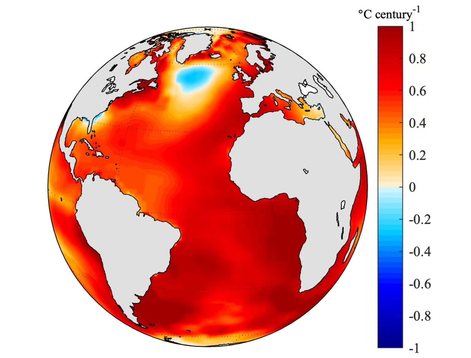 Atlantic sea surface temperature trend, 1900-2005 in °C, from the average of six observation datasets. 
