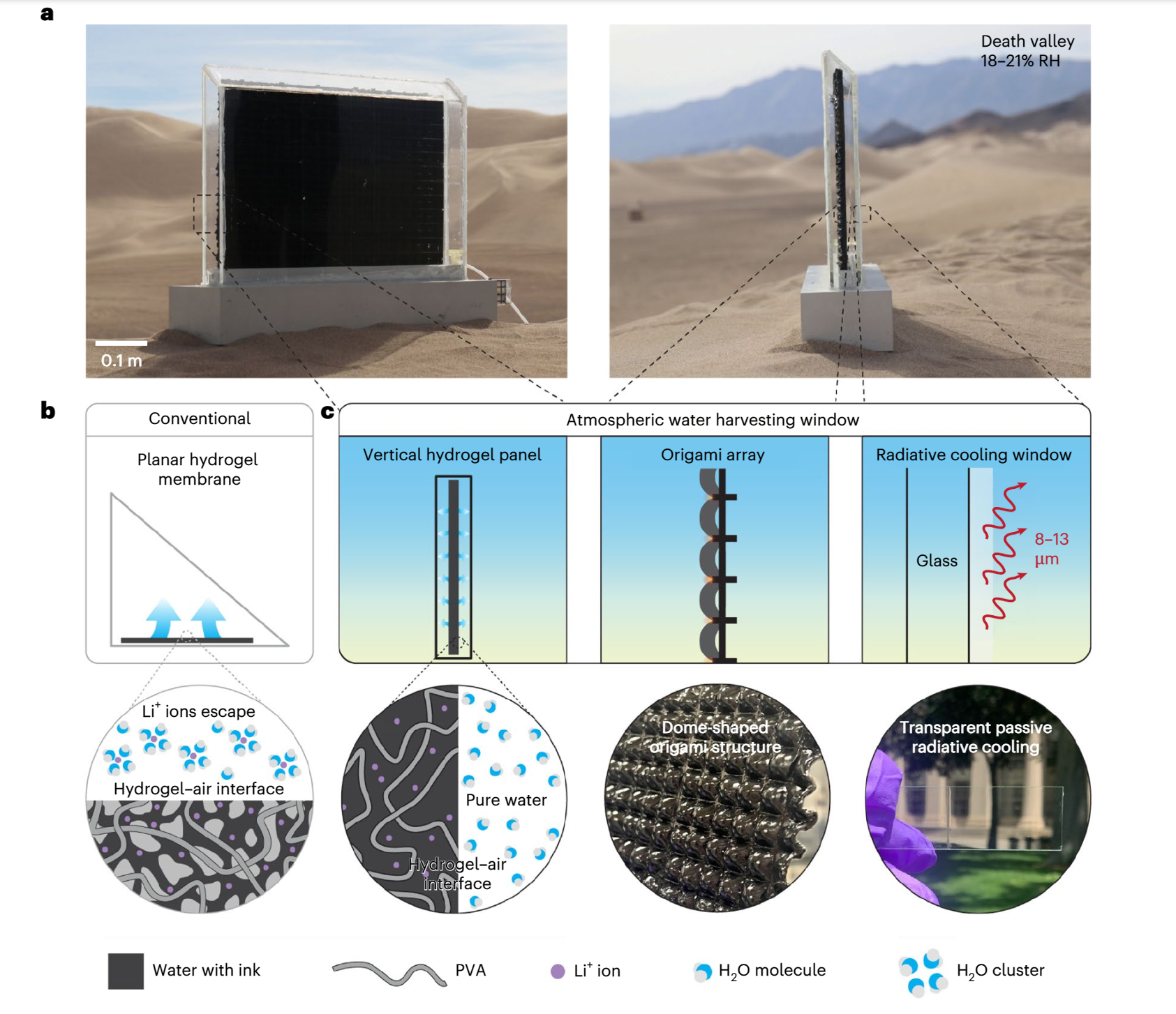 Features of the AWHW and the water collected with this device. Photographs showing front (left) and side (right) views of the AWHW tested in Death Valley, which uses solar energy for water collection. The side view shows the vertical hygroscopic origami hydrogel panel with two hydrogel–air interfaces.