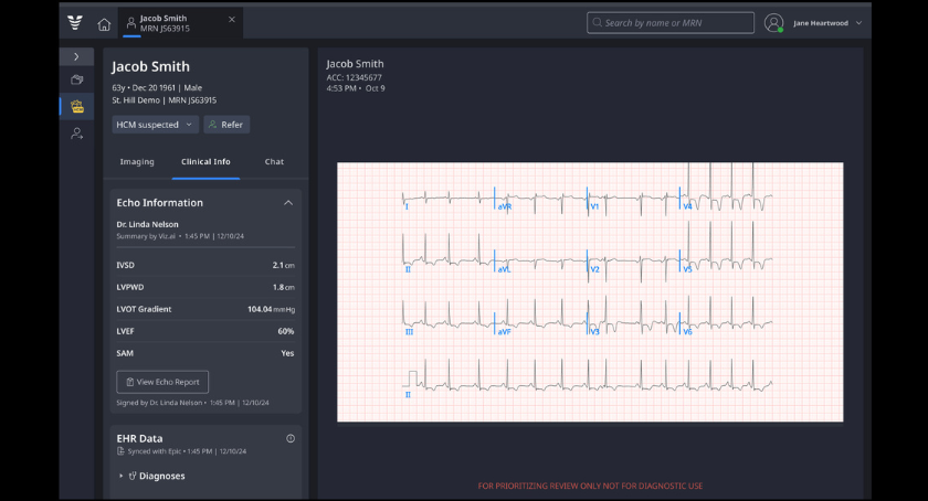 Viz HCM: Patient card displaying key clinical information, including ECG and echocardiographic findings.