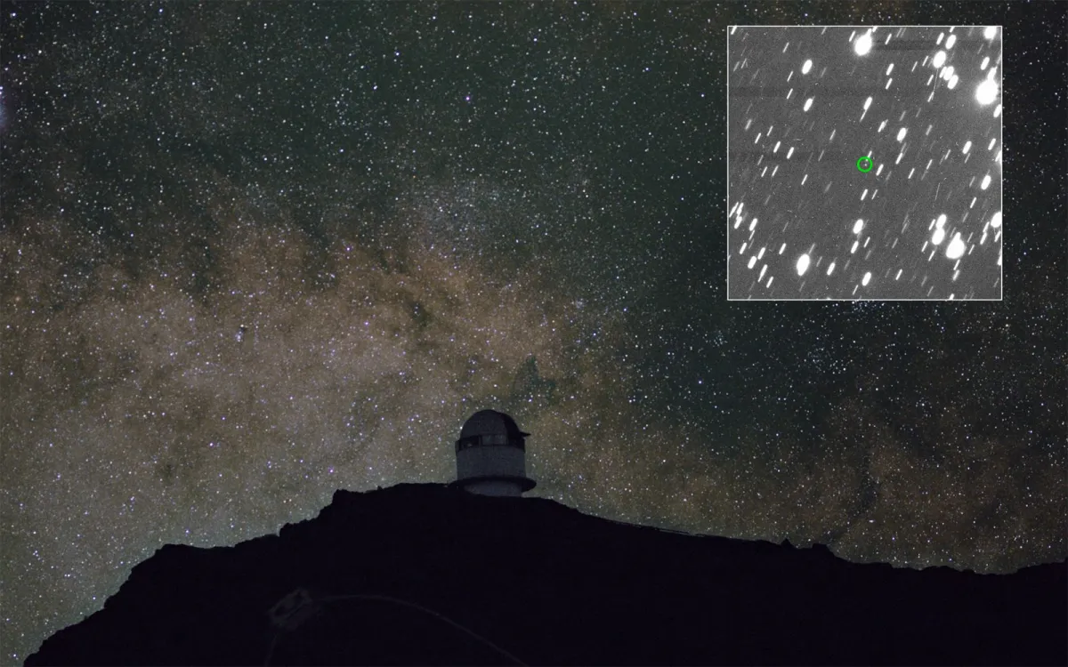 The image in the top right corner shows the asteroid detected by the telescope  in the centre of the green circle. The other bright spots are background stars, smeared due to the movement of the telescope.