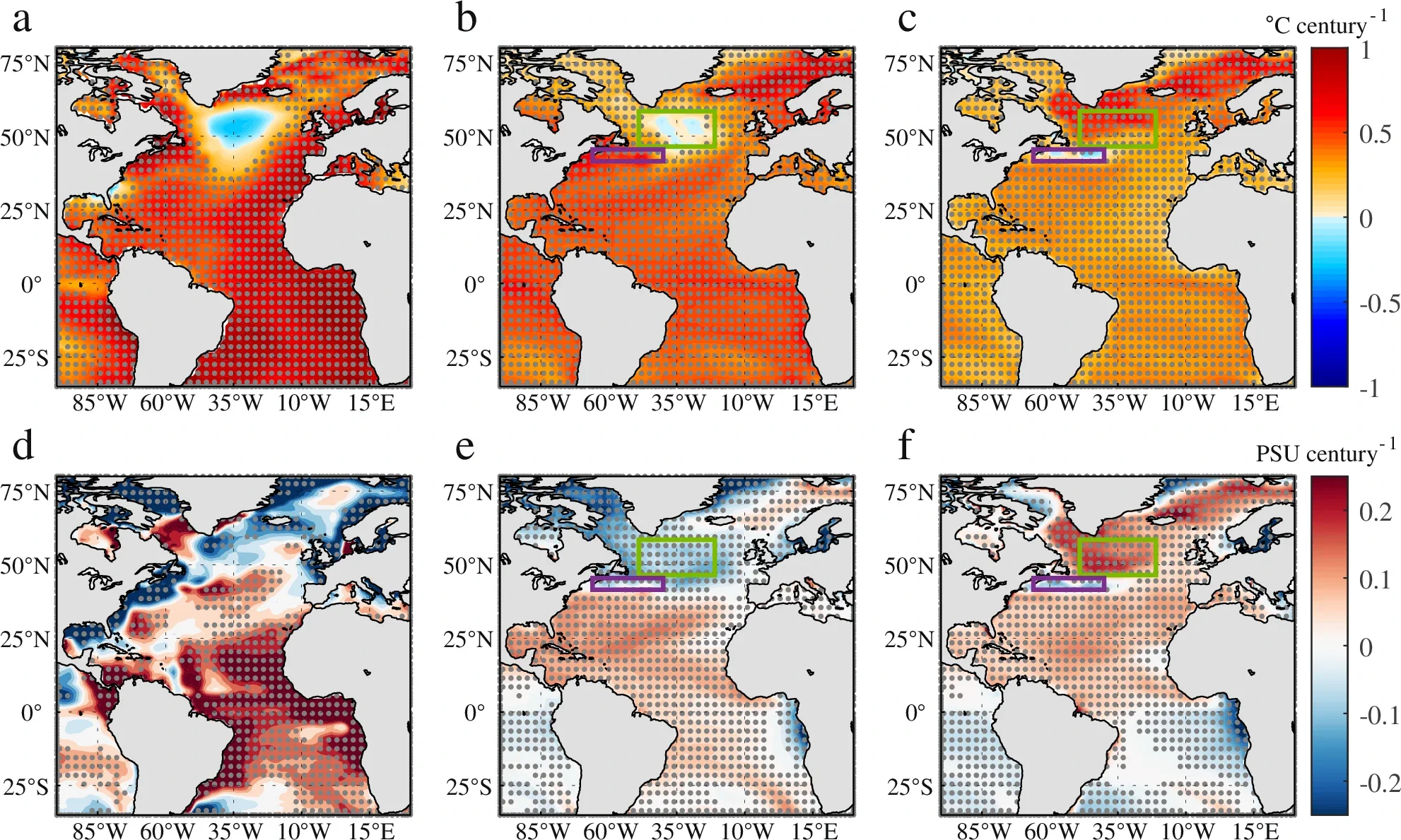 Atlantic SST and SSS trends in observations and CMIP5/6 models.