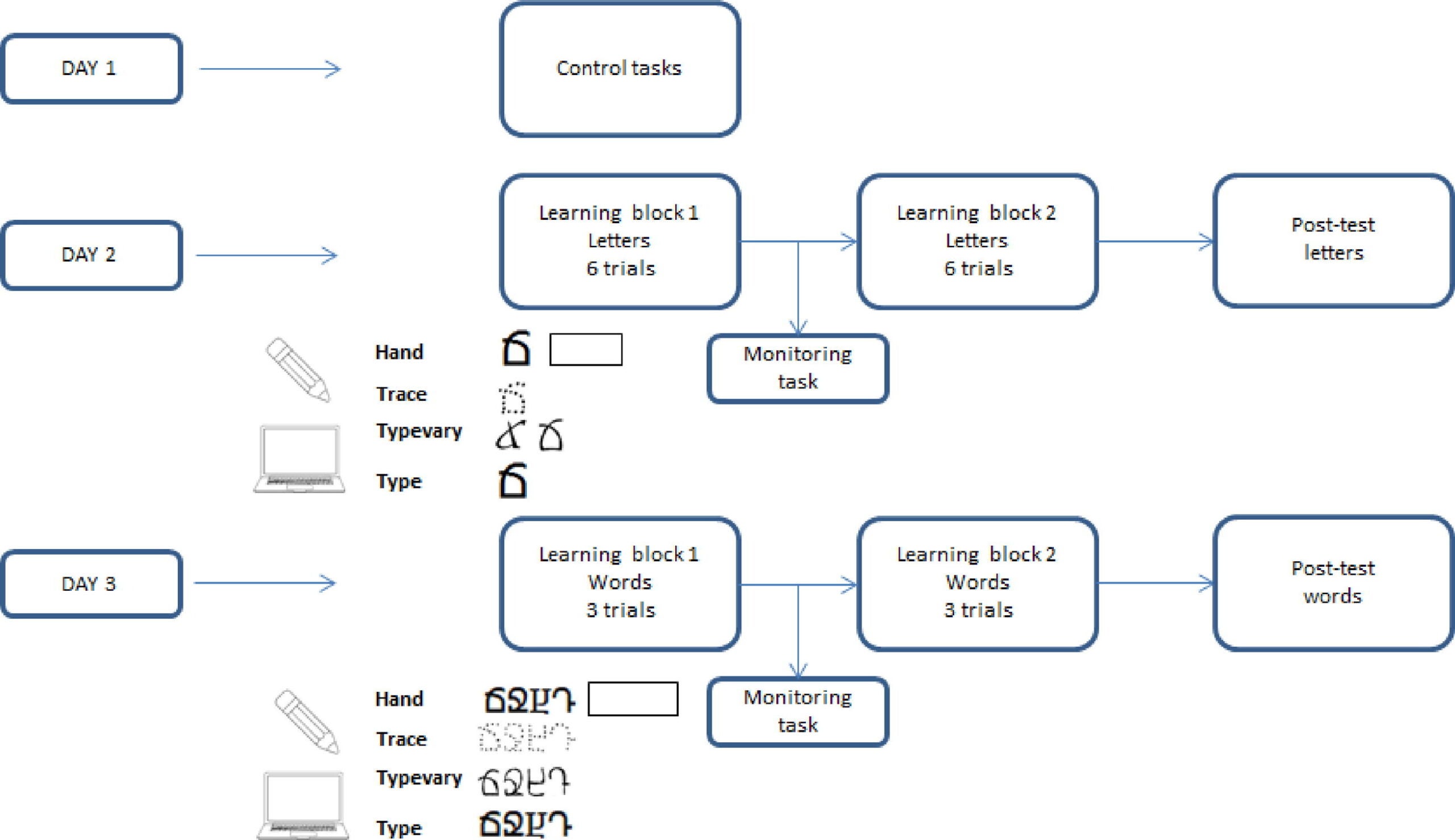 Training and testing protocol in the second session (letters) and the third session (words). The training tasks were constructed to build knowledge of individual novel letter and words in different conditions. The posttest tasks probed knowledge of the trained letters and words (naming, writing, and identification).
