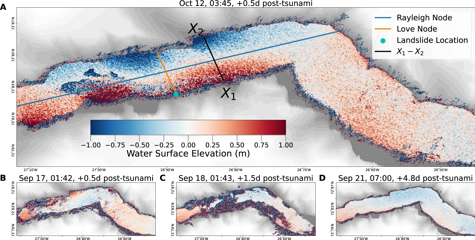 Pixelcloud sea-surface elevation maps of the Dickson fjord in the days following the two tsunamis.