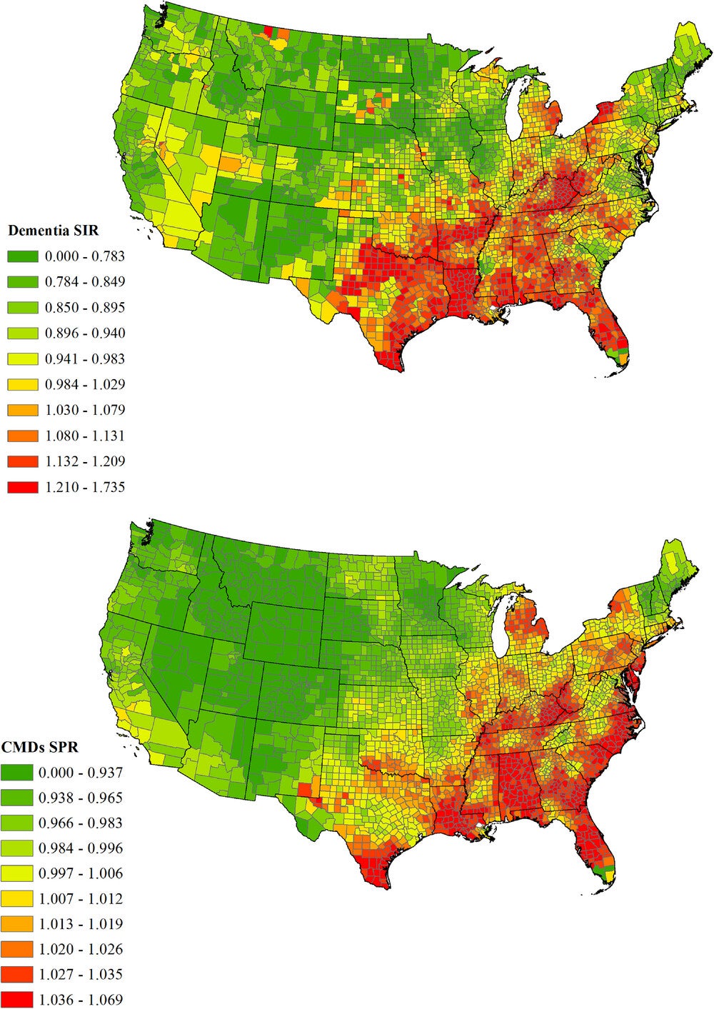 County-level SPRs for CMDs from the CCW in 2017 and SIRs for 2017 for dementia using deciles. The eight CMDs included stroke, diabetes, hypertension, hyperlipidemia, and major heart diseases (including chronic heart failure, atrial fibrillation, ischemic heart disease, and acute myocardial infarction).