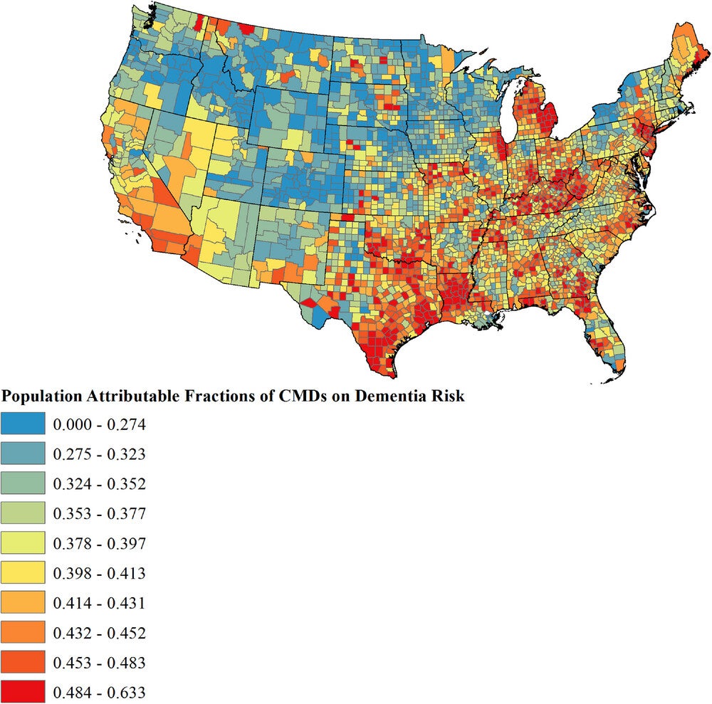Spatial pattern of combined weighted PAFs of eight CMDs on dementia burden across the United States using 2017 data from the CCW. The eight CMDs included stroke, diabetes, hypertension, hyperlipidemia, and major heart diseases (including chronic heart failure, atrial fibrillation, ischemic heart disease, and acute myocardial infarction).