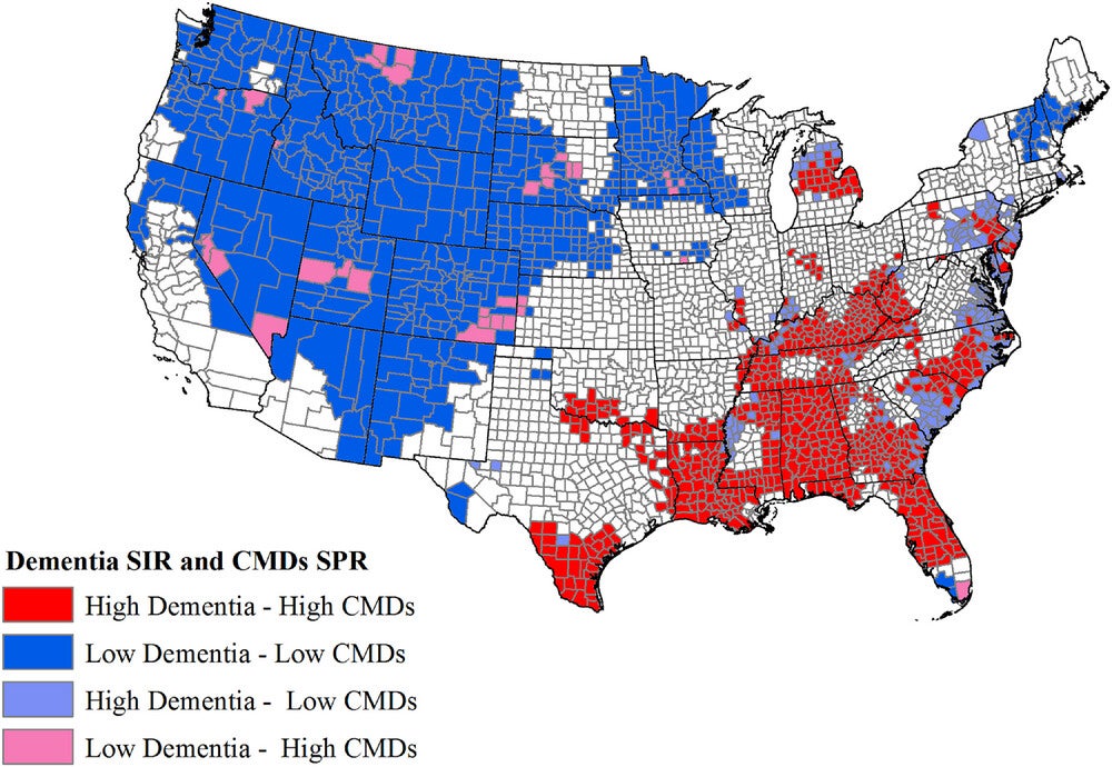 Spatial correlation between dementia SIRs and CMD SPRs across the United States using bivariate local indicators of spatial association. CMDs were defined from the CCW in 2017. The eight CMDs included stroke, diabetes, hypertension, hyperlipidemia, and major heart diseases (including chronic heart failure, atrial fibrillation, ischemic heart disease, and acute myocardial infarction).