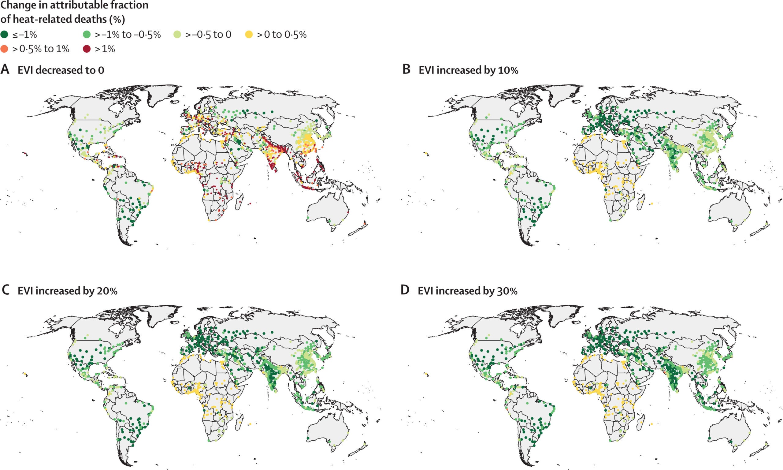 Modelled change in attributable fraction of heat-related deaths in different EVI scenarios in 2000–19 for the top 1000 most populated urban areas