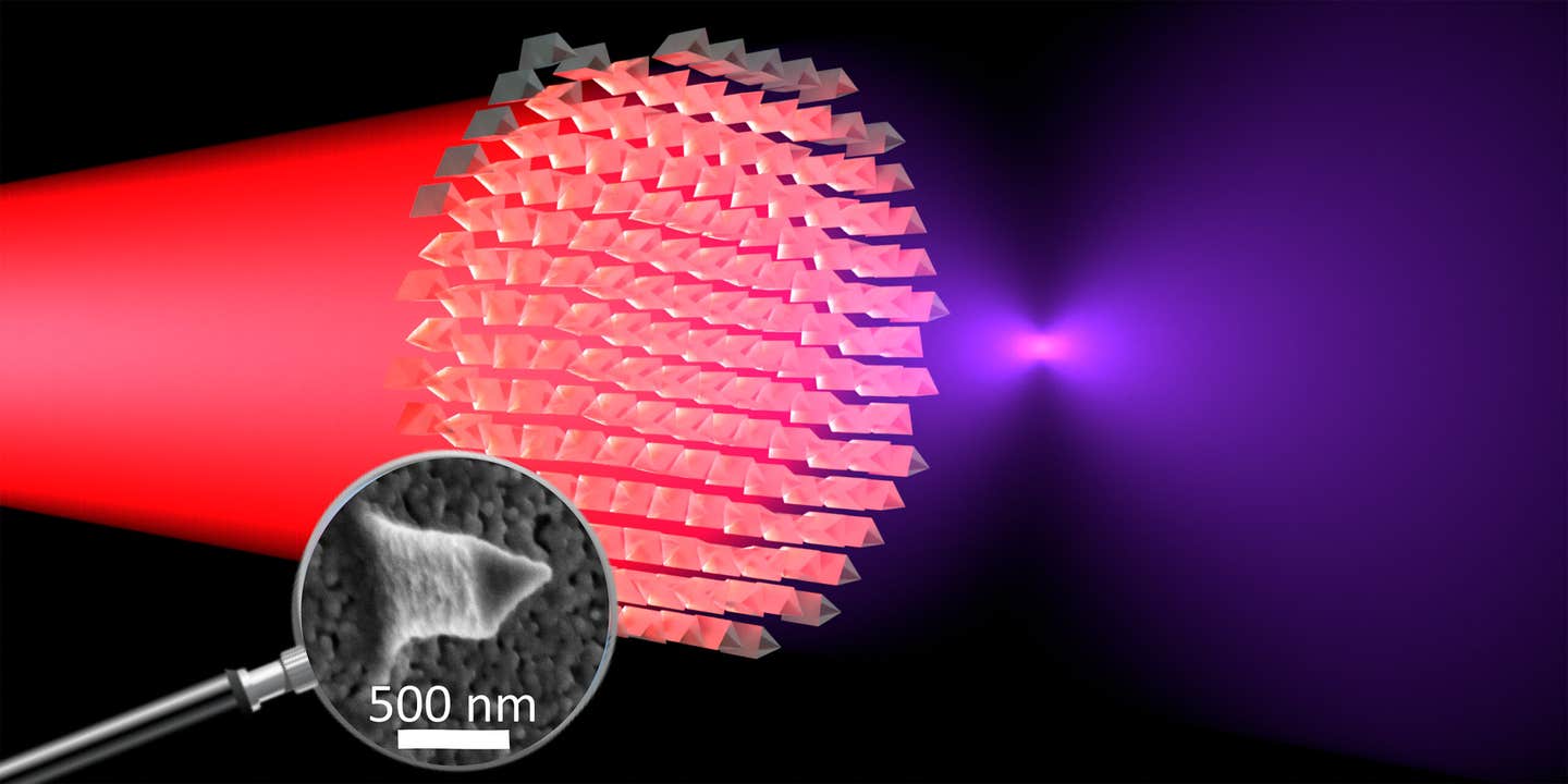 Infrared light passes through the metal lens and is converted into violet light and focussed in a focal point due to the material and the special surface structures – enlarged in the magnifying glass.