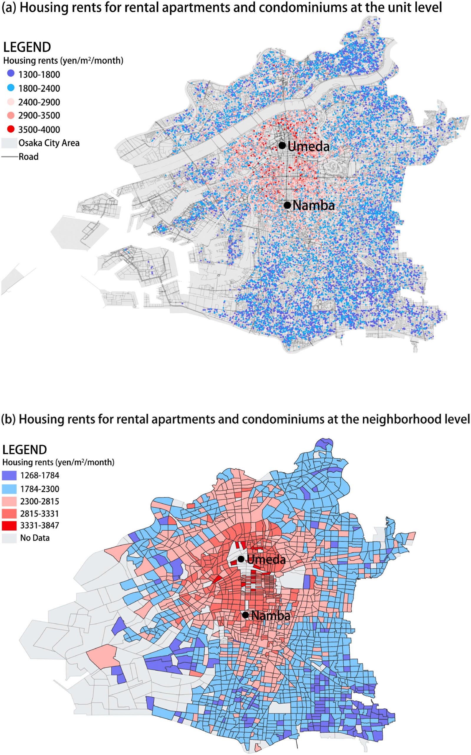 (a) Housing rents for rental apartments and condominiums at the unit level, (b) average housing rents for rental apartments and condominiums at the neighborhood level.