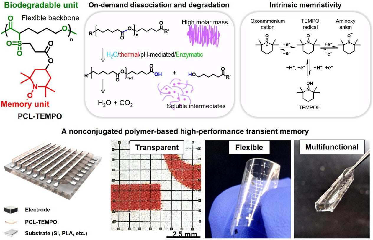 Schematic illustration of a nonconjugated polymer-based high-performance transient memory.
