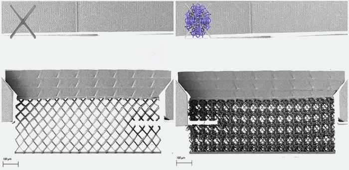 MIT engineers have found a way to fabricate a metamaterial (right) that is both strong and stretchy. The base material (left) is typically rigid and brittle, but when printed in precise intricate patterns it forms a material with exceptional properties.