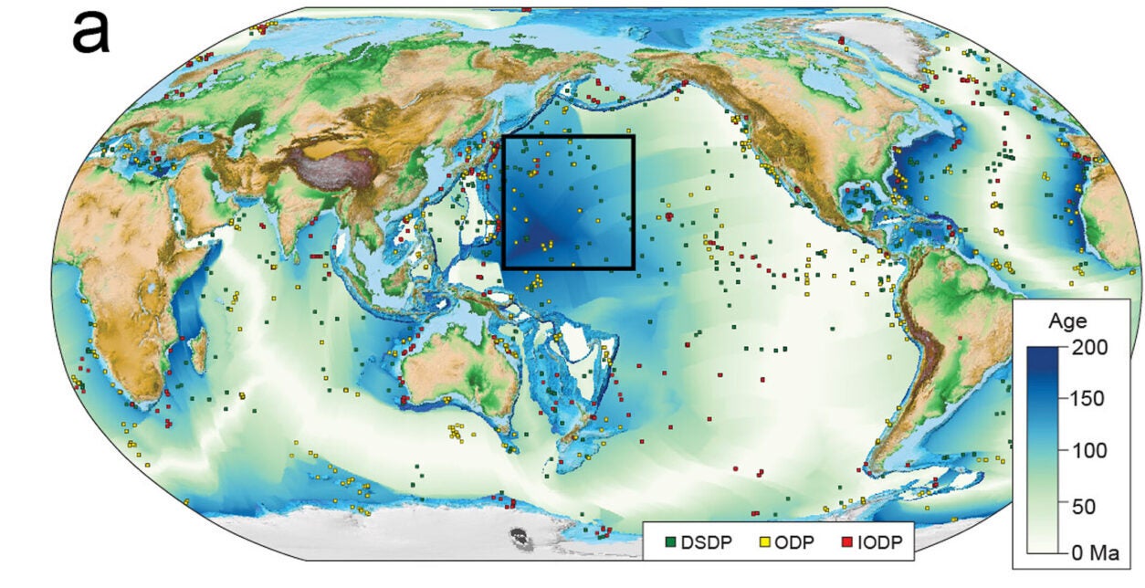 Global distribution of deep-sea drilling sites (a) on a map of seafloor ages