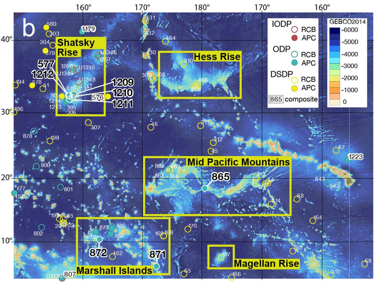 Global distribution of deep-sea drilling sites within the western and central North Pacific with Pacific Highs identified on a bathymetric map.