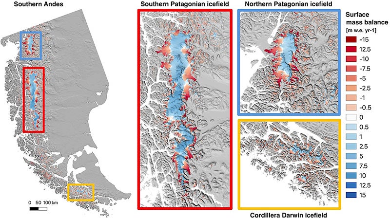 High-resolution map of Patagonian glaciers surface mass balance (1940-2023), i.e., surface mass gain (blue) and loss (red), with a zoom in on three major icefields. 