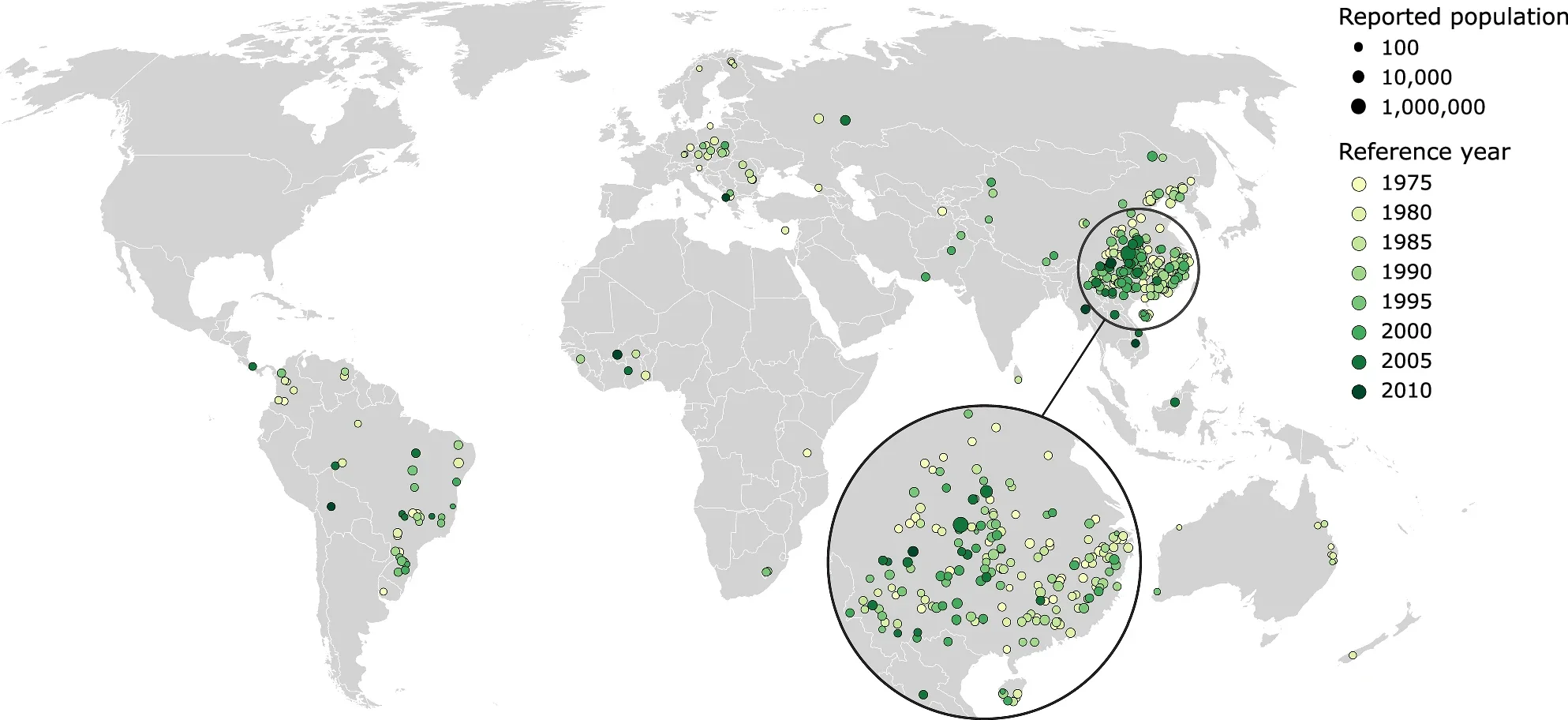Locations of the 307 rural areas analysed in this study. The reported population numbers are indicated by marker size, while reference years of the rural areas are shown by marker colour. Country boundaries courtesy of EuroGeographics.