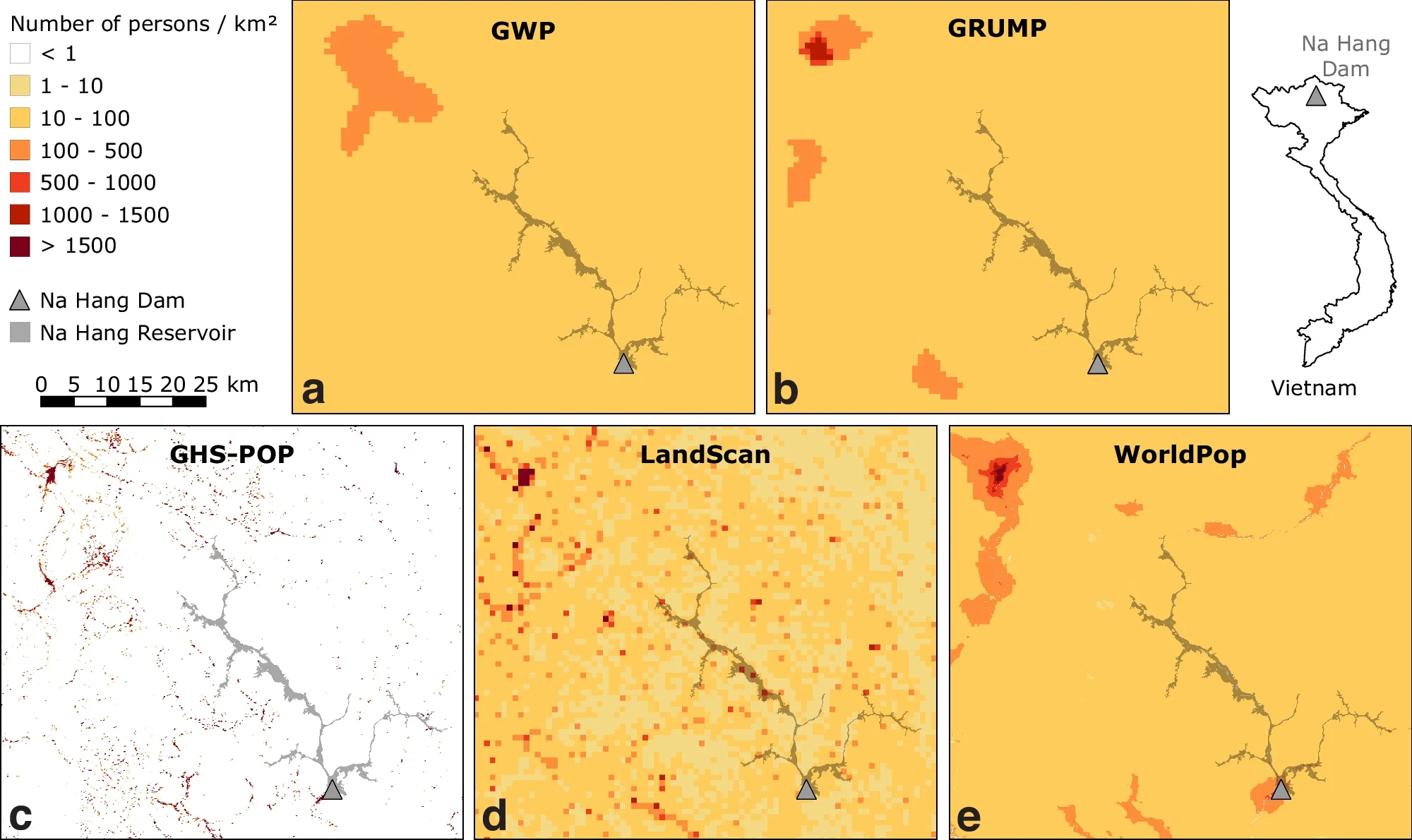 The map shows part of the rural province of Tuyên Quang in northern Vietnam, with population data for the reference year 2000 from a GWP, b GRUMP, c GHS-POP, d LandScan, and e WorldPop. 