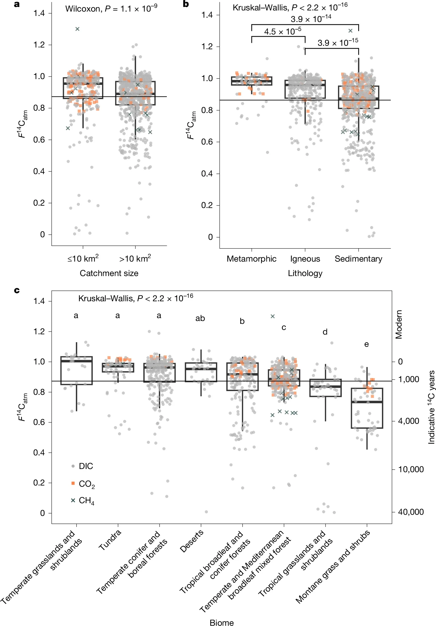 Influence of catchment size, river-reach biome and lithology on 14C in river DIC, CO2 and CH4.