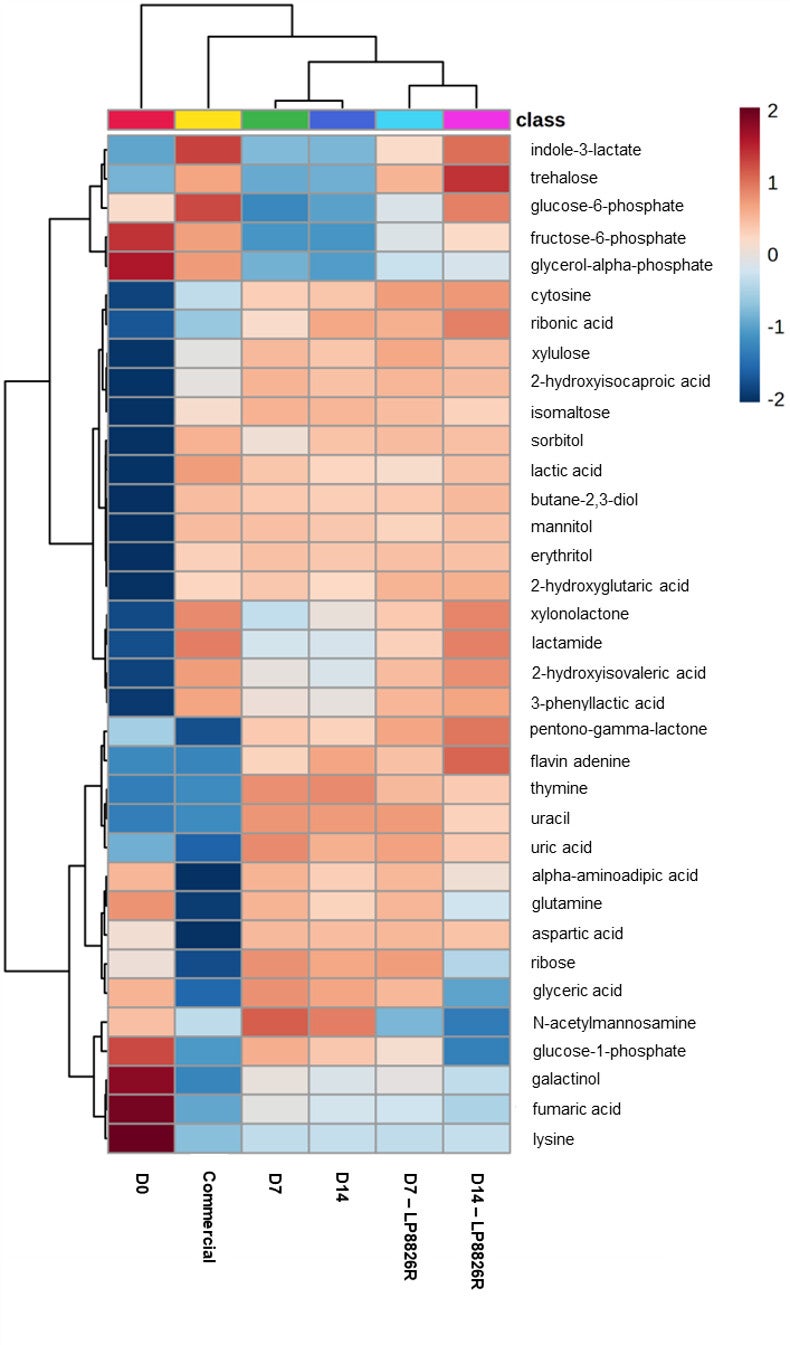 Heatmap of the relative peak heights of the top 35 metabolites detected by GC-TOF/MS that are significantly different between (fermented) cabbage homogenates.