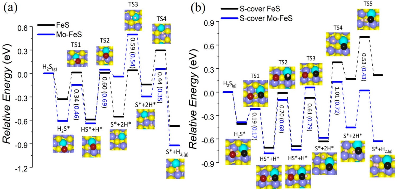 Potential energy diagram and the configurations for sulfidation on (a) the clean undoped and Mo-doped FeS surfaces and (b) on the S-cover undoped and Mo-doped FeS surfaces.