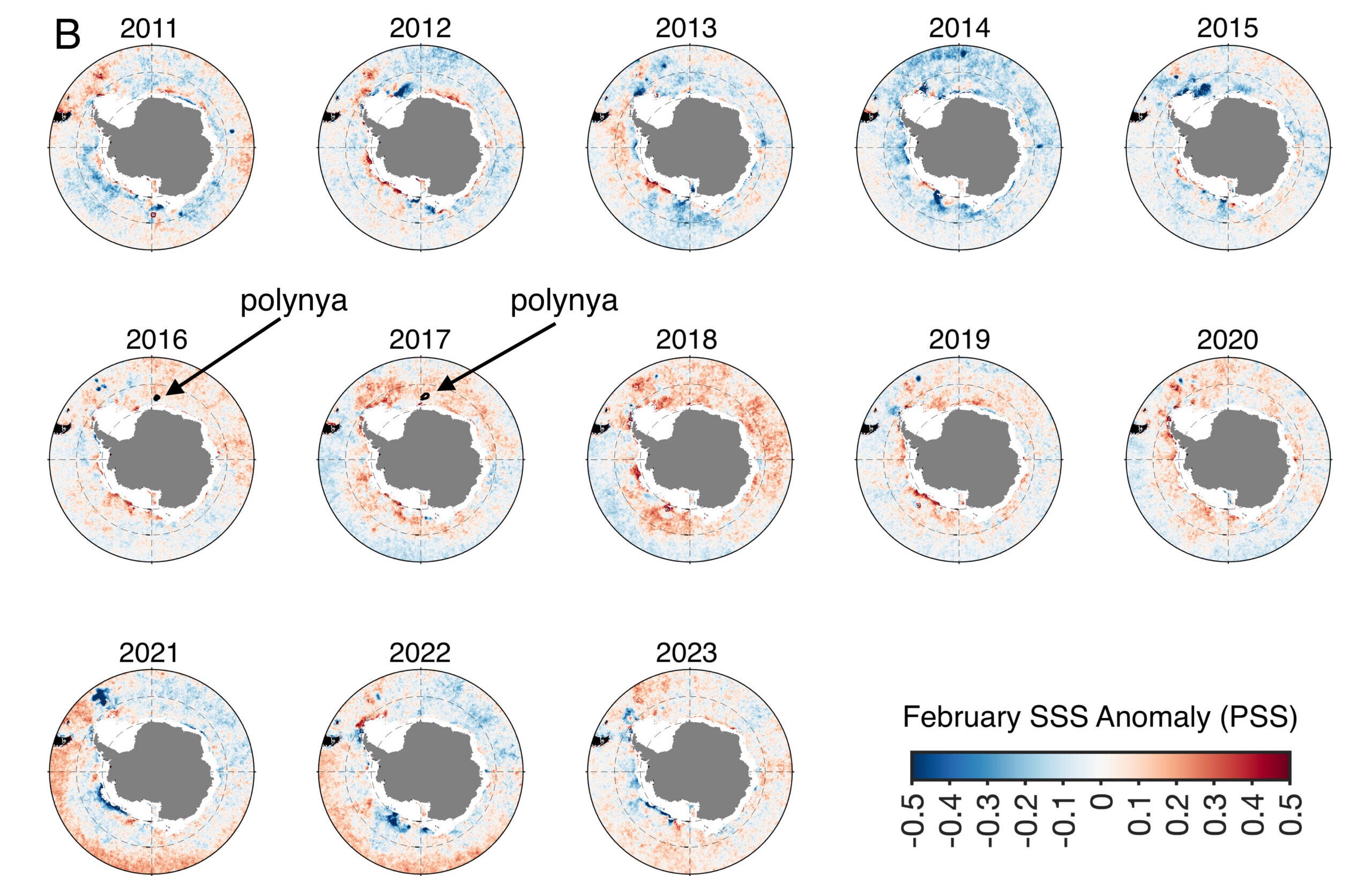 Satellite-derived maps of February SSS anomaly. Summer values are shown at the minimum sea ice cover, when satellite retrieval can capture surface properties over most of the polar Southern Ocean.