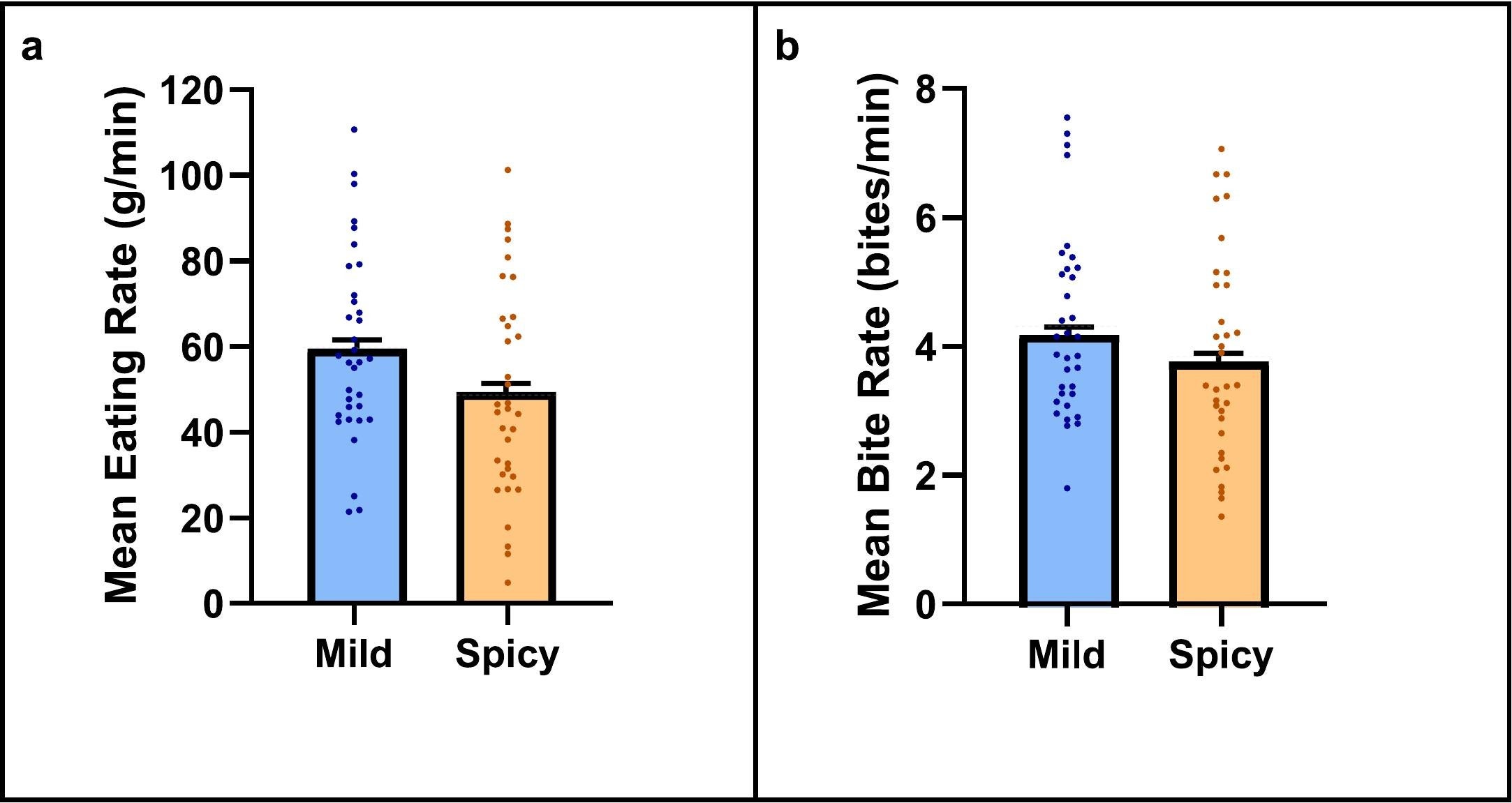 Mean (±SEM) eating rate (a) and bite rate (b) in Experiment 2b, which investigated the effect of spice level (mild vs spicy) on intake of a chicken tikka test meal (n = 34).