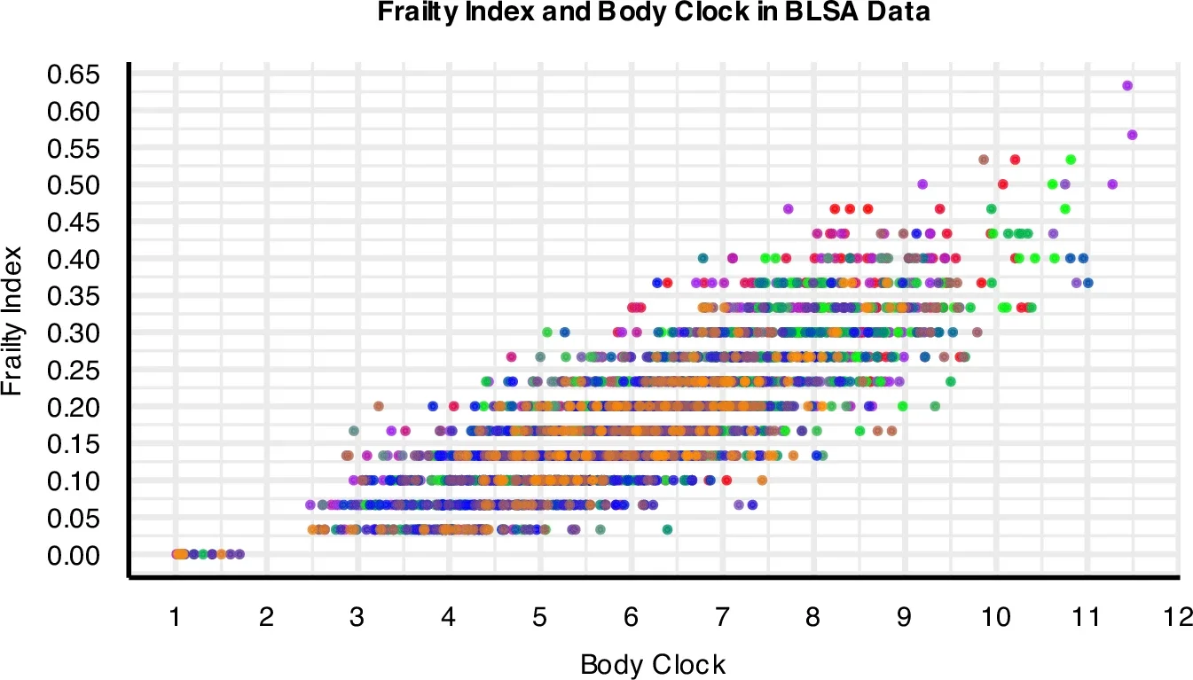 High correlation between the Body Clock and disease-based frailty index (FI) with BLSA