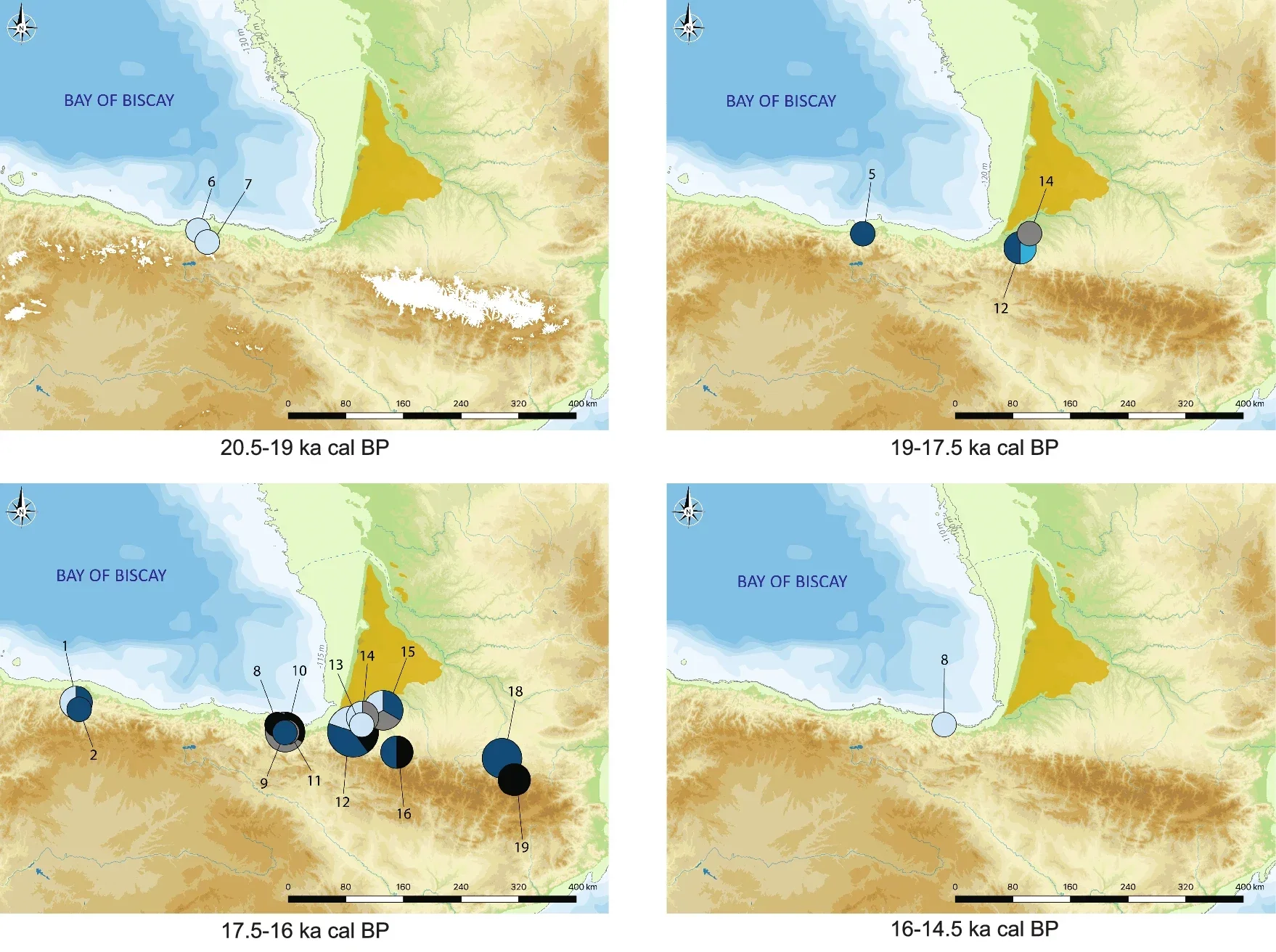 Chronological and geographical distributions of all cetacean bone remains taxonomically identified from Atlantic Magdalenian sites (except the site of Andernach, Rhineland).