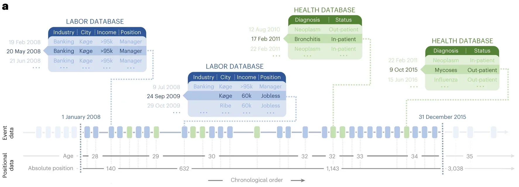A schematic individual-level data representation for the life2vec model.