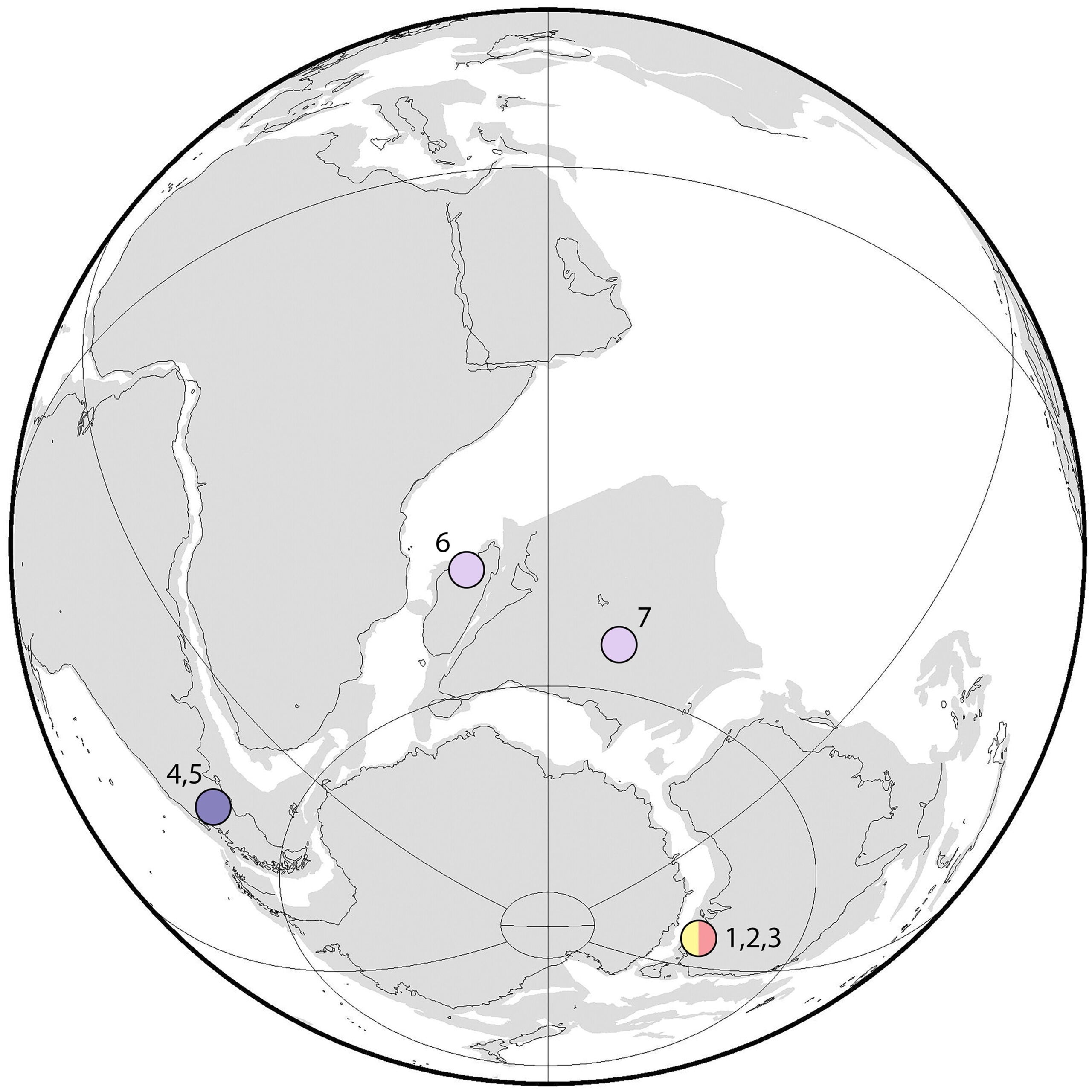 Palaeogeographical reconstruction of the southern landmasses at ca 125 Ma showing the locations of Mesozoic Southern Hemisphere tribosphenidan mammals.