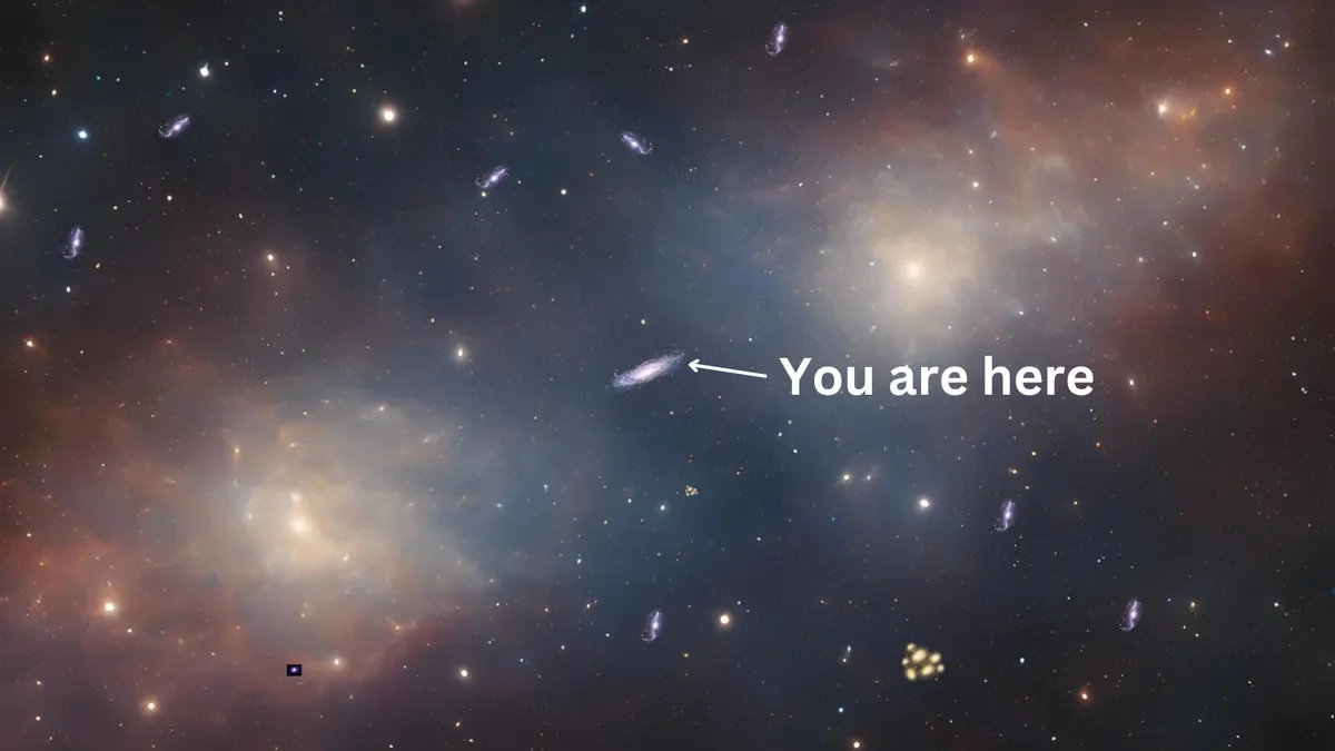 A conceptual illustration depicts the Milky Way, not drawn to scale, drifting alone in a vast and empty stretch of space.