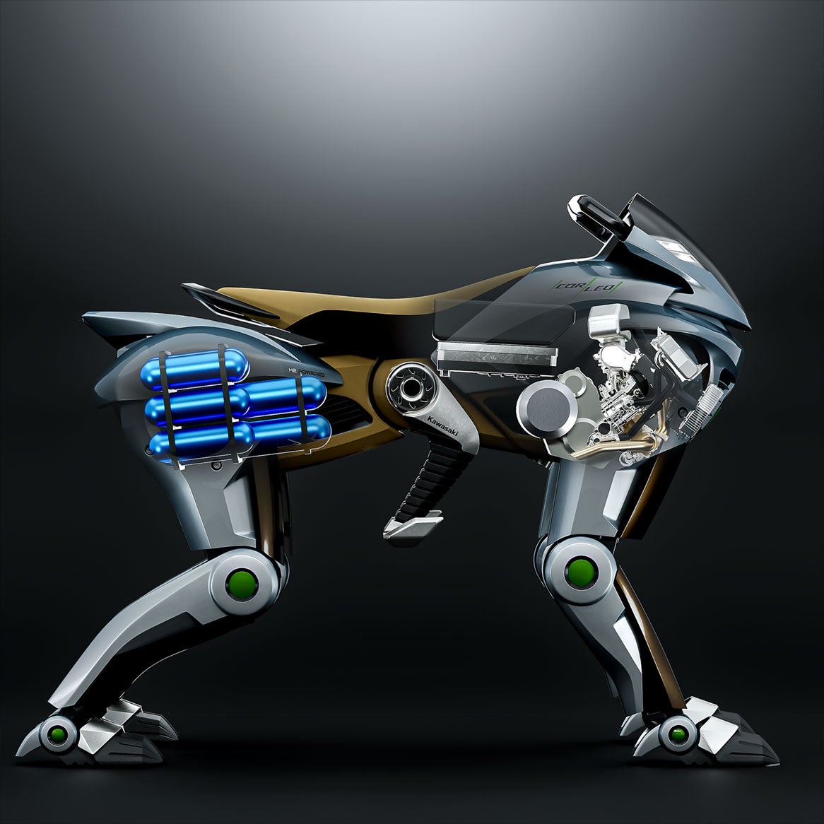 Equipped with a 150cc hydrogen engine for power generation. Hydrogen is supplied from a canister mounted at the rear. The generated electricity powers the drive units installed in each of the four legs.