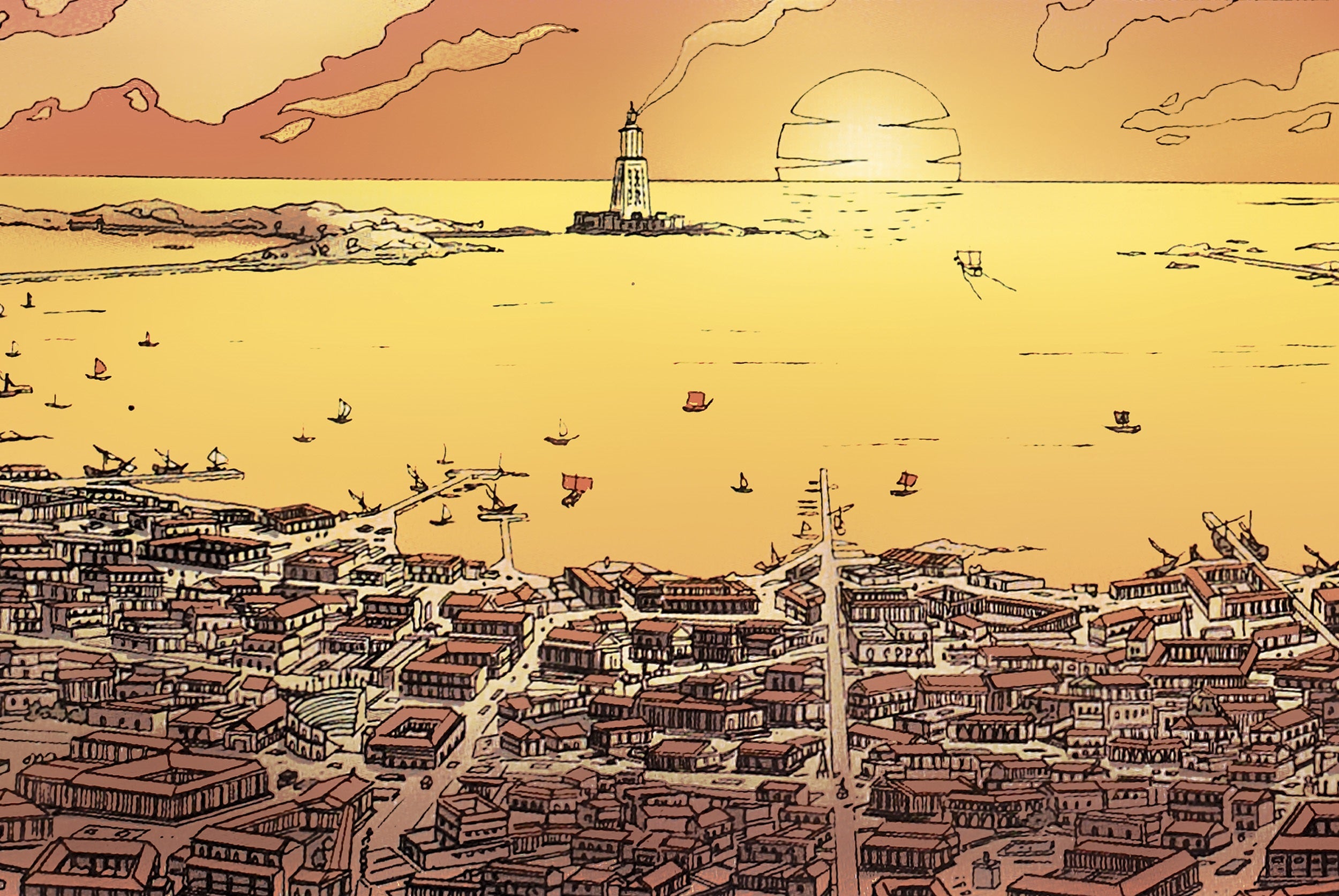View of the Bay of Alexandria from the city in the Ptolemaic period, François Corteggiani, script, Marco Venanzi, drawing, Robin Véronique, colors, 2012, extract from the album Alix, n°31, L'ombre de Sarapis , p. 48, Casterman editions.