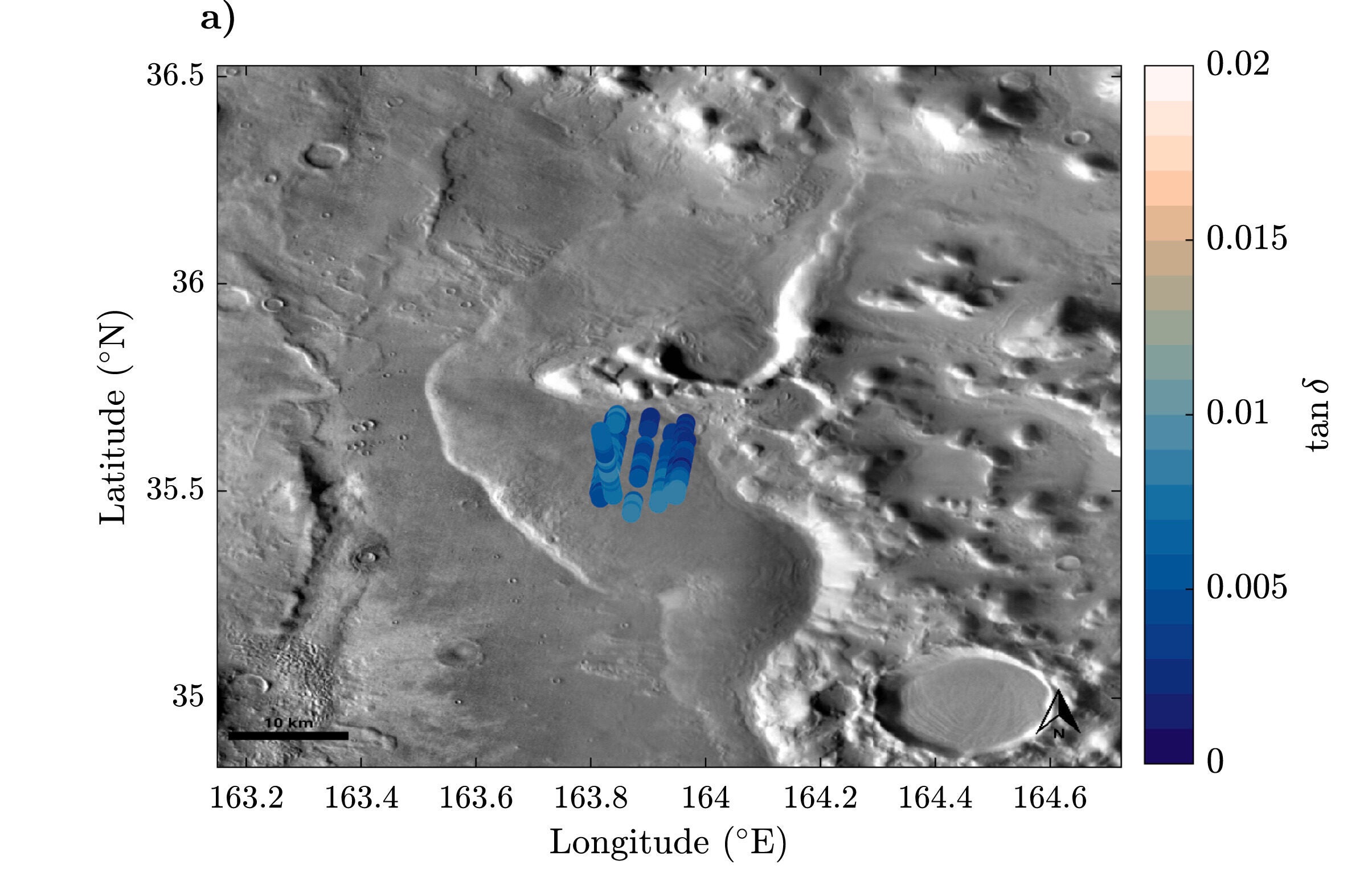 Spatial distribution of the calculated tan δ for all detections at PM (using ε' srf = 5), overplotted on a CTX mosaic.