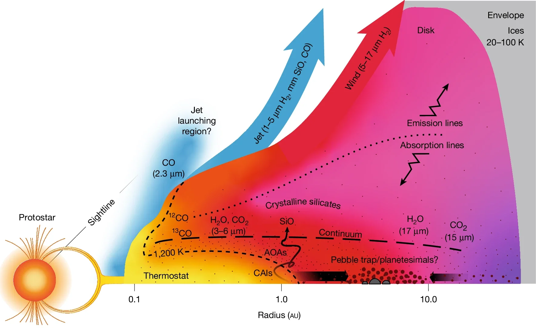 Structure of HOPS-315’s inner disk. Molecules located above the temperature minimum (dotted line) are seen in emission.