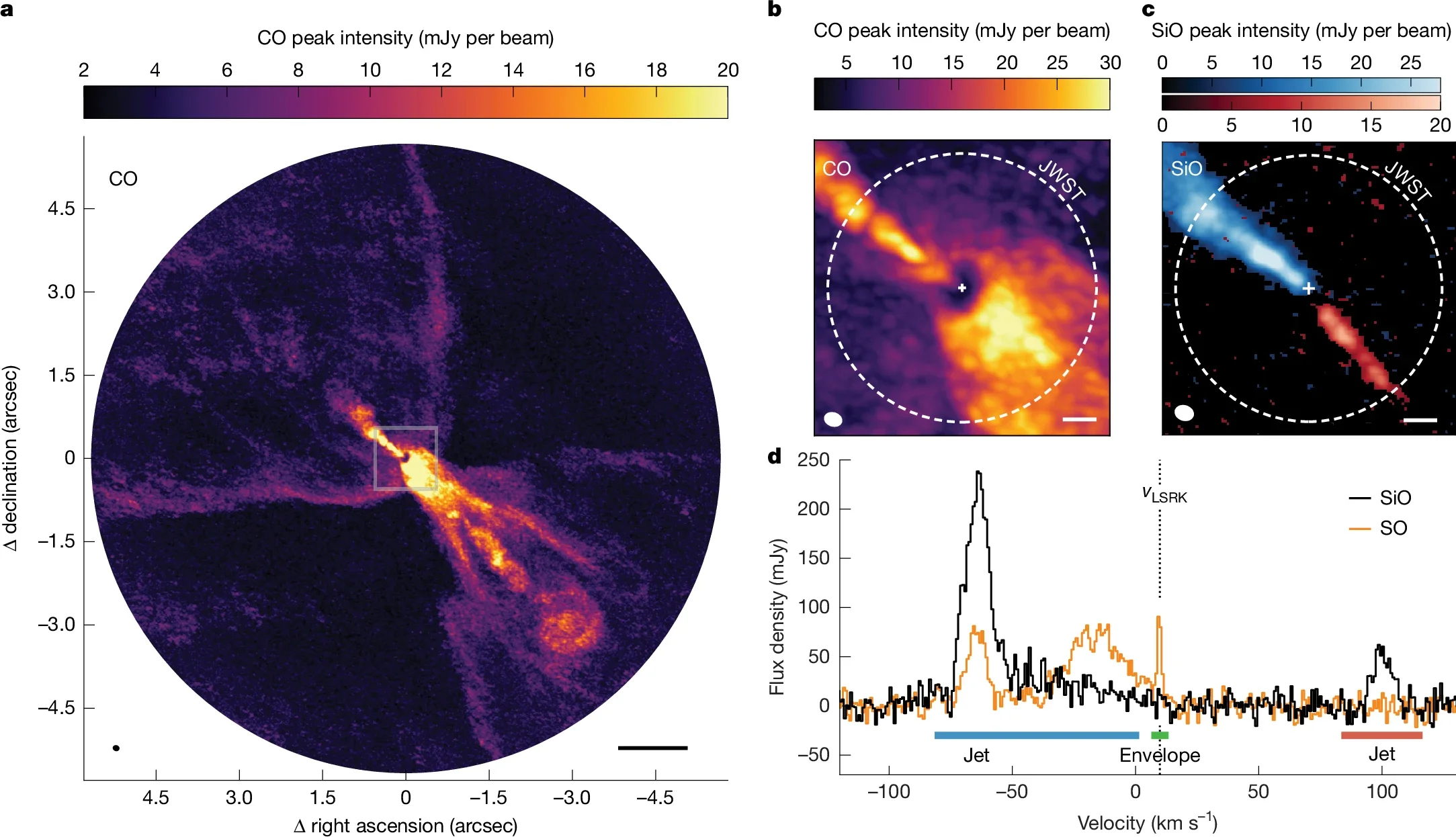 ALMA maps and spectra of HOPS-315. ALMA CO map showing the wide-angle outflow and molecular jet.