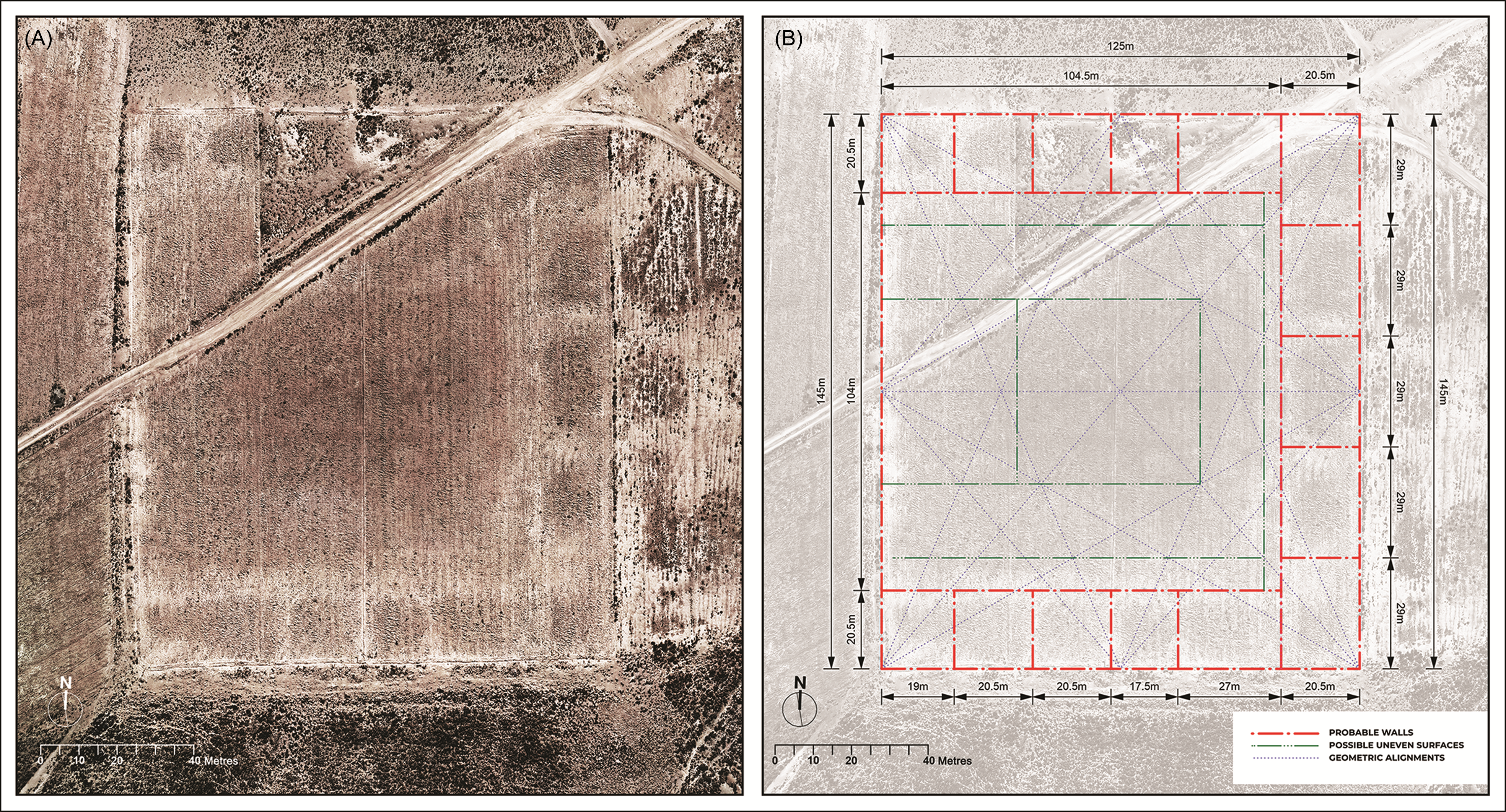 The Palaspata temple including A) ortho-mosaic of recent aerial images, and B) a composite filtered image highlighting chromatic anomalies and superimposed by grid and auxiliary lines to segment its geometry