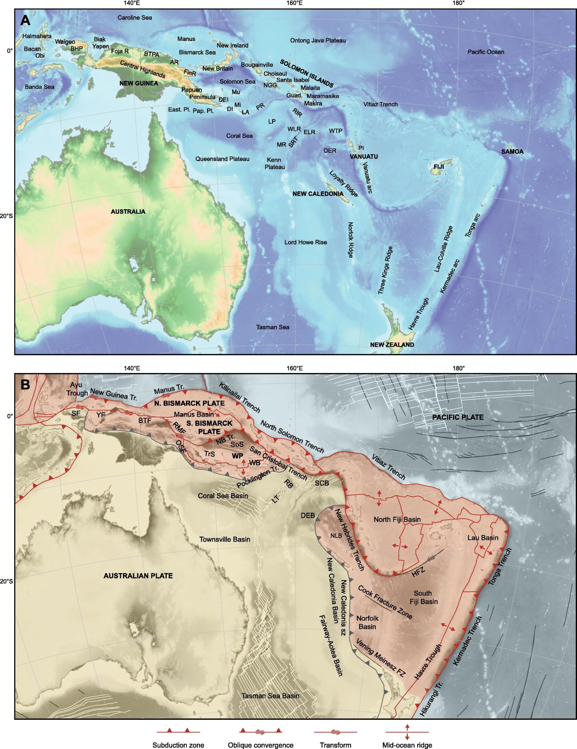 Geographic (A) and tectonic (B) maps of the Melanesian – SW Pacific region. Present-day plate boundaries in red